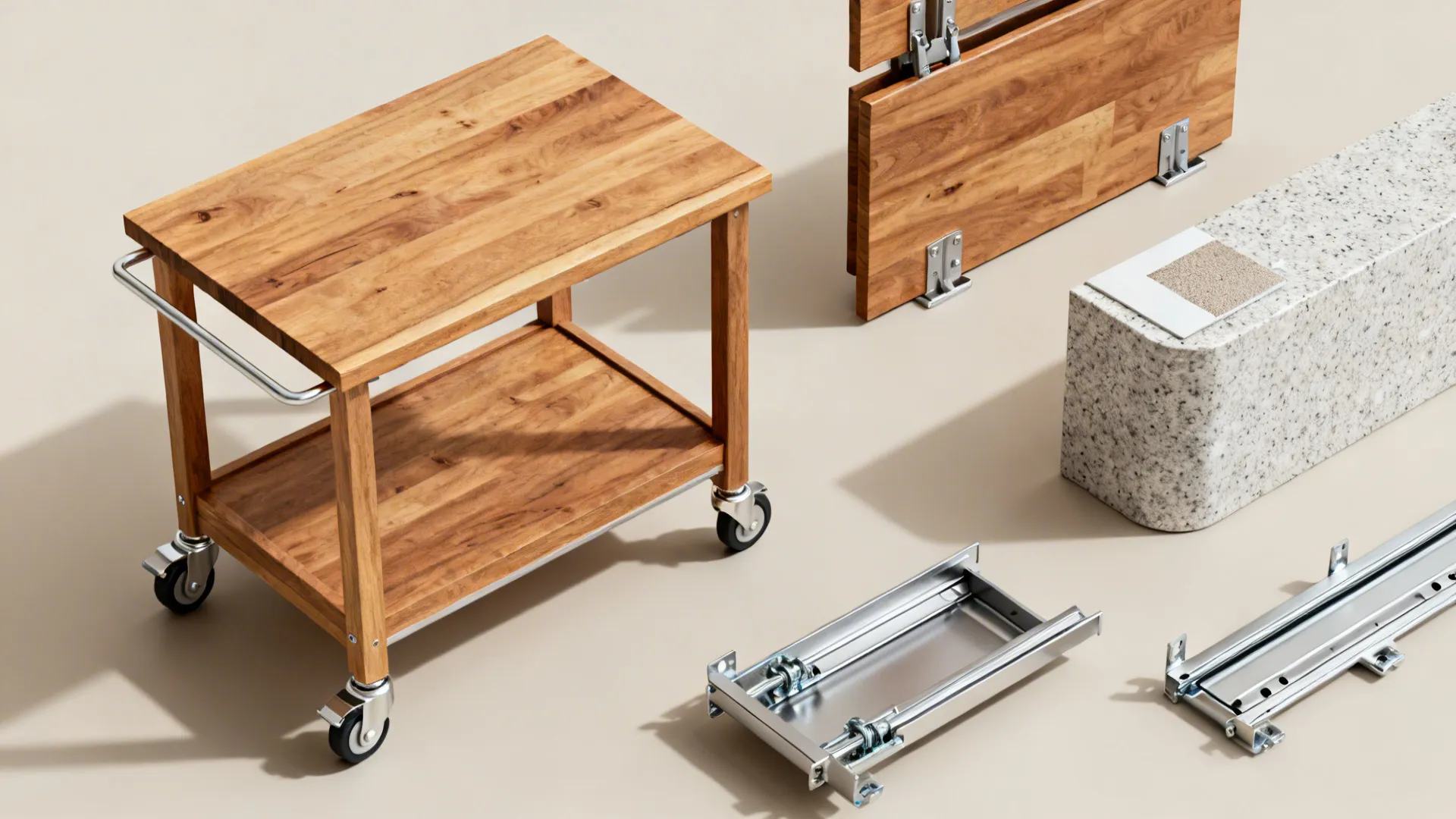 Flat lay of DIY cart wood, casters, drop-leaf hinges, quartz sample, and slide-out hardware.