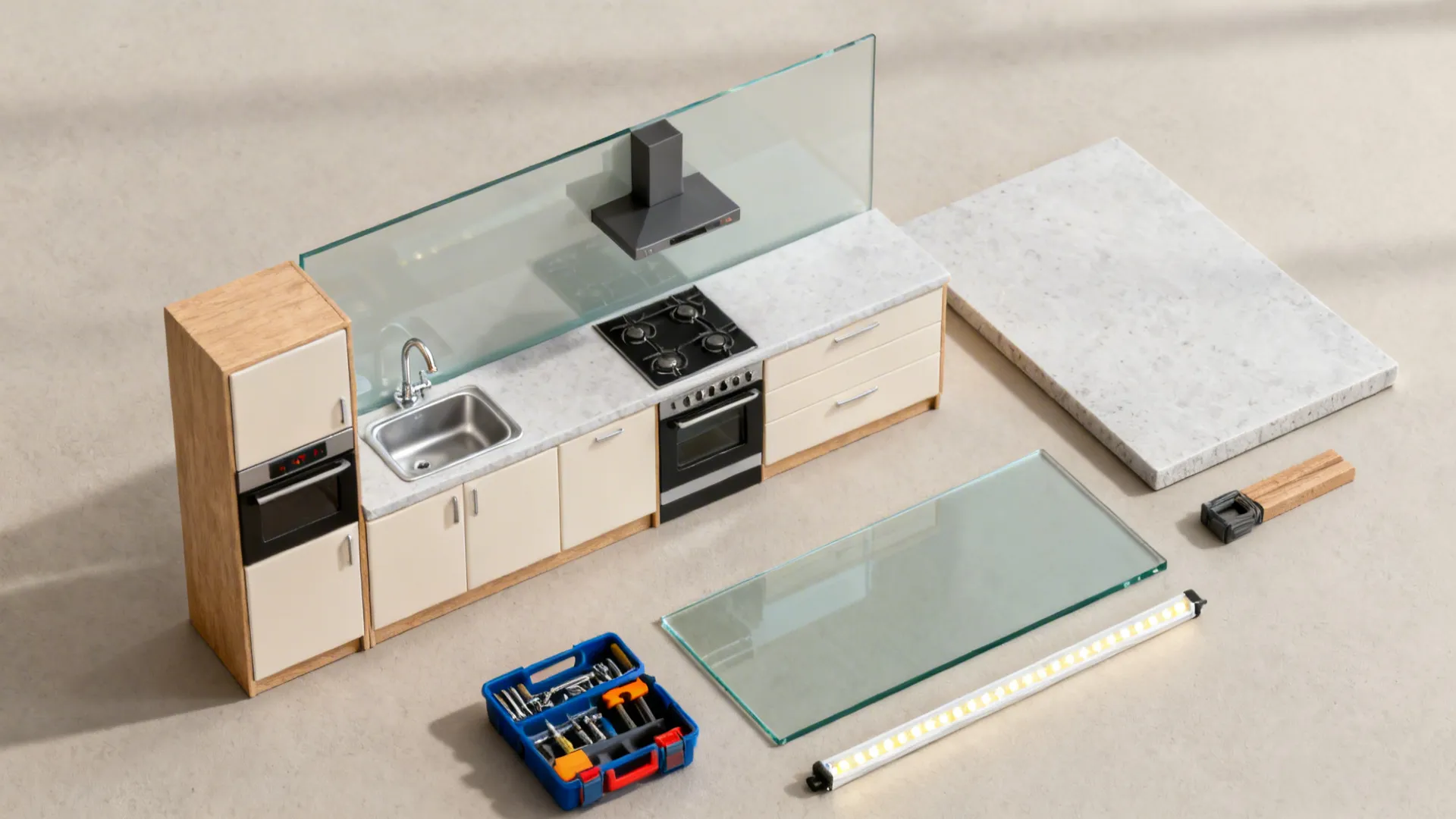 Top-down arrangement of cabinet module, counter slab, glass panel, sink, hob, lights, and tools.