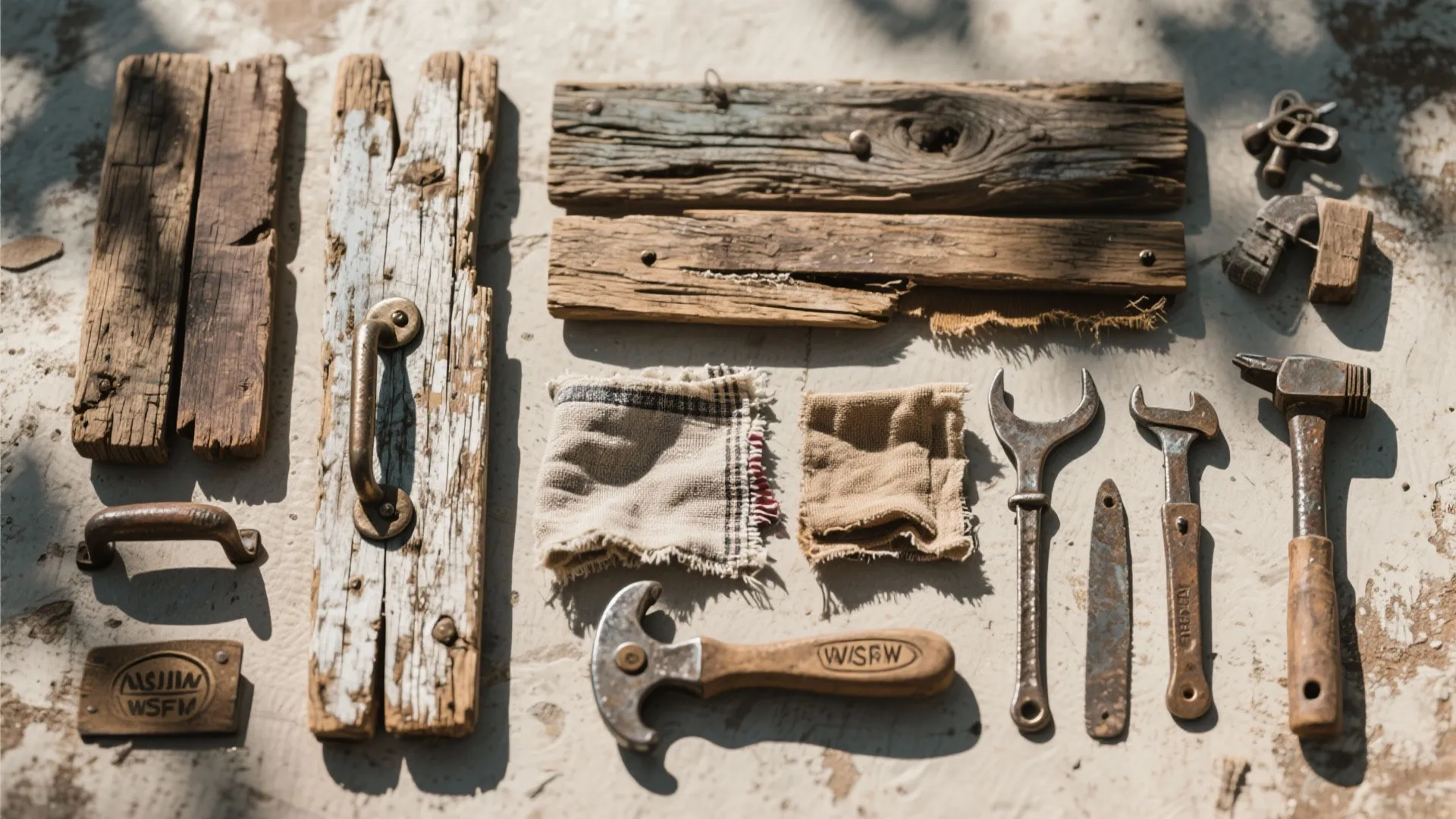 Collection of vintage woodworking tools including hammers wrenches and wooden planks arranged on a textured surface