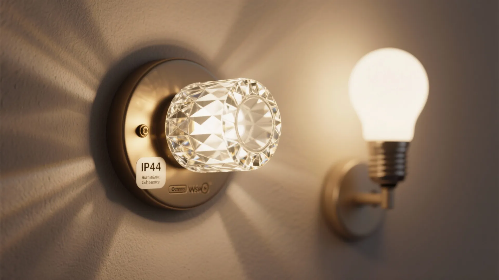 Wall light fixture with a crystal glass cover next to a simple glowing light bulb
