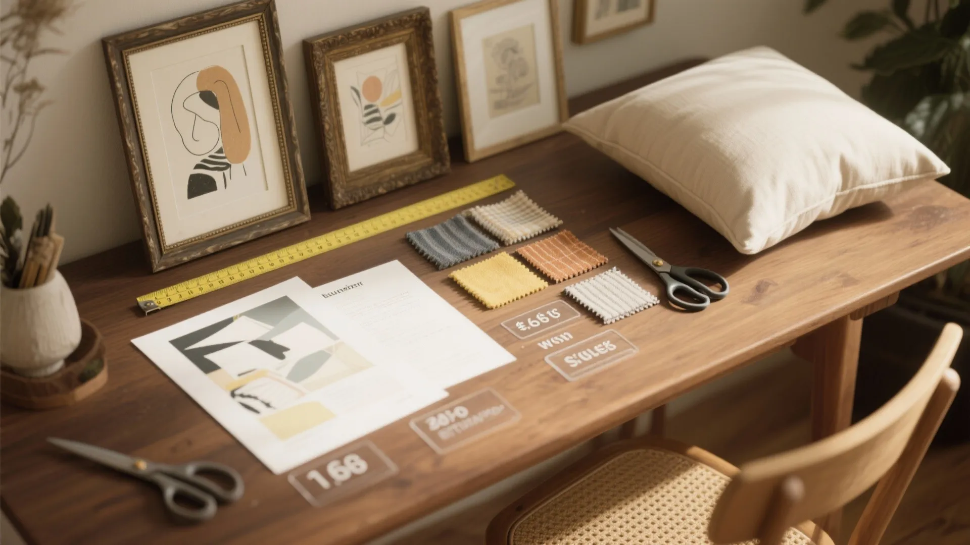 Wooden desk with fabric samples plus yellow ruler and scissors plus pillow and framed art