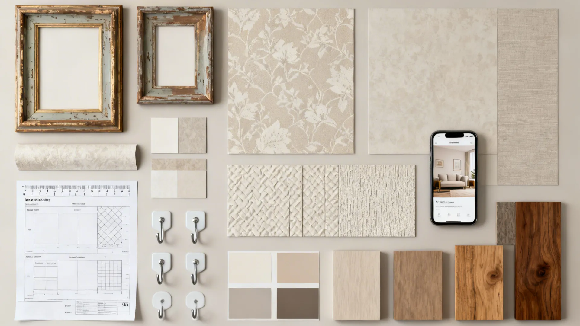 Flatlay of thrifted frames, wallpaper samples, adhesive hooks and mockup tools for wall decor