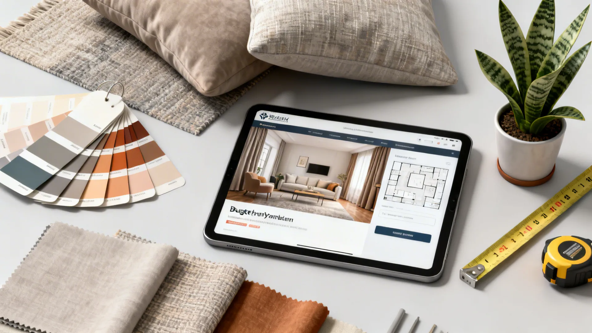 Budget decor flatlay with paint swatches, textile samples, room planner on tablet, and measuring tape