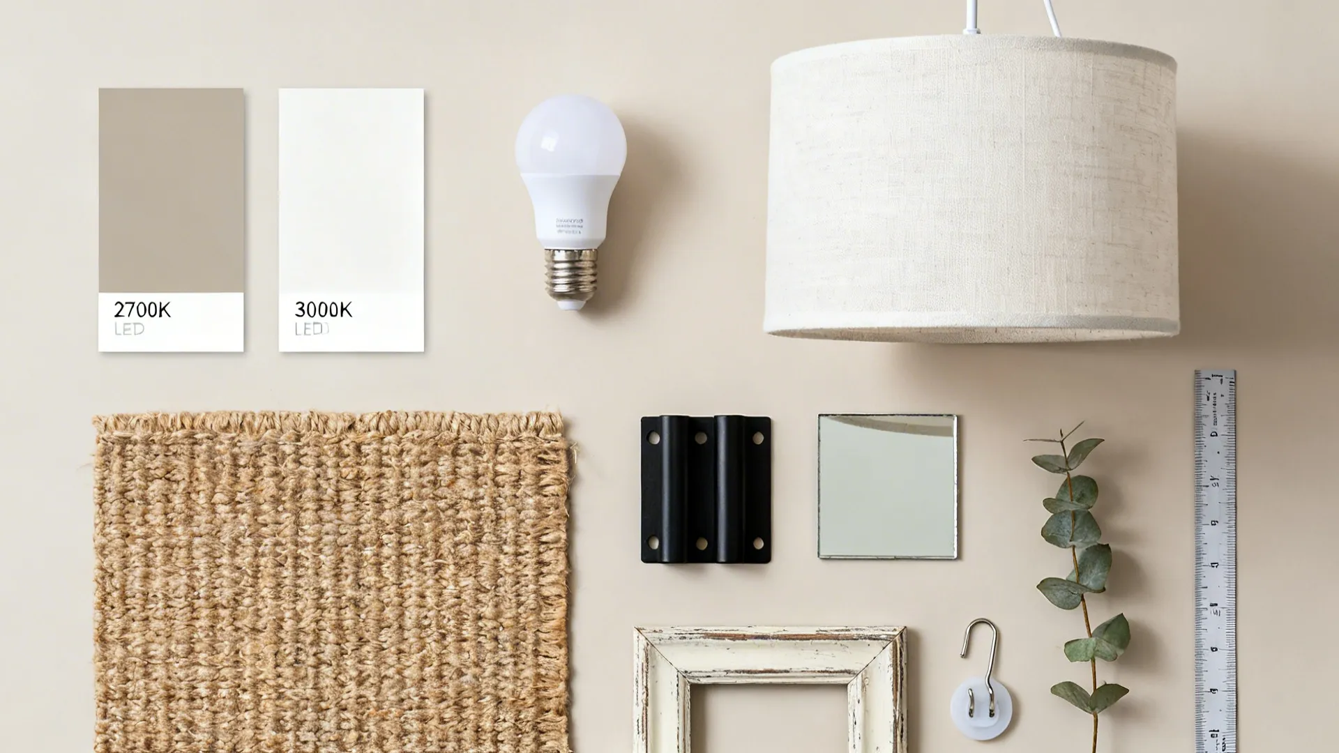 Flat lay of paint swatches, pendant, bulbs, jute sample, hardware, mirror tile, frame, plant, and hooks.