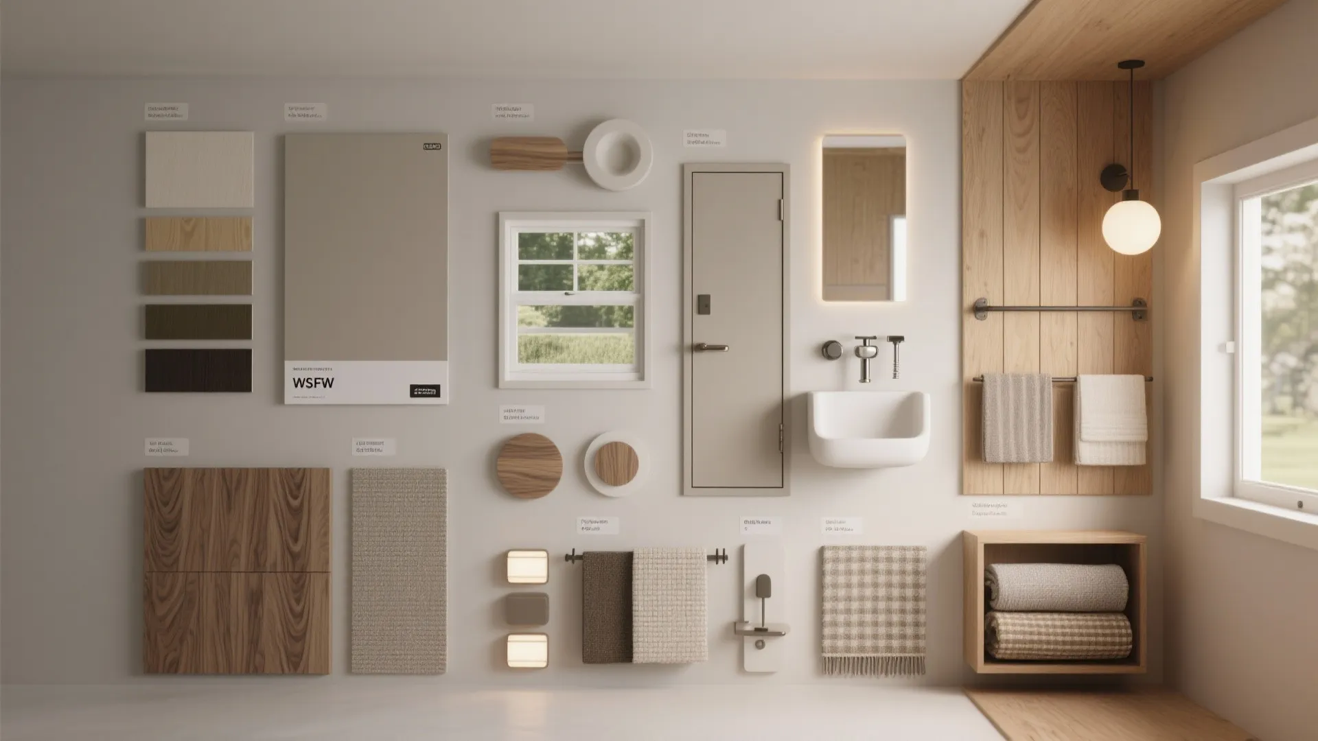 Material flatlay showing finishes and compact fixtures for small guest house budgeting and design.