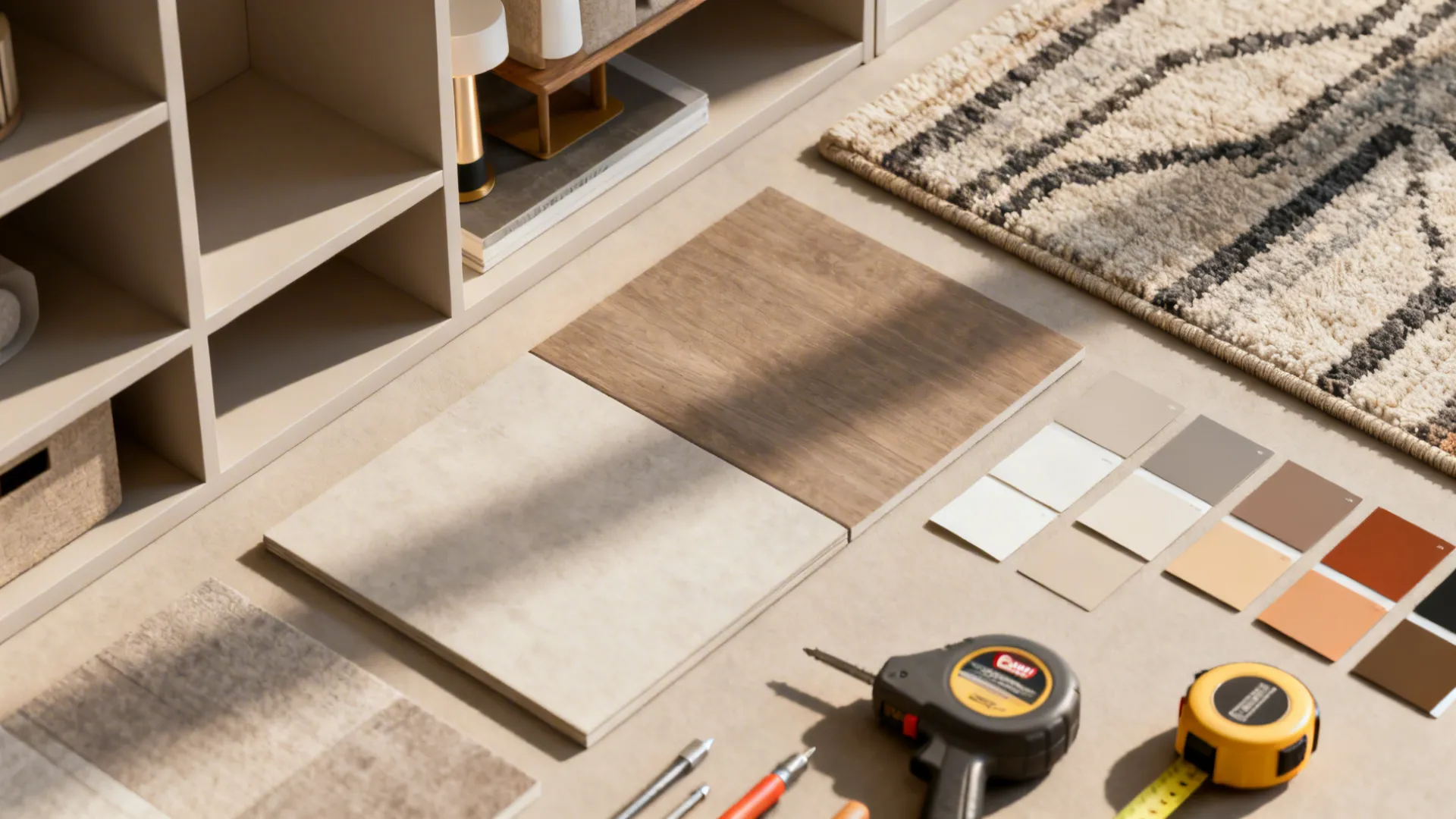 Flatlay of budget-friendly design elements: a built-in shelf detail, modular samples, and rug and lighting swatches