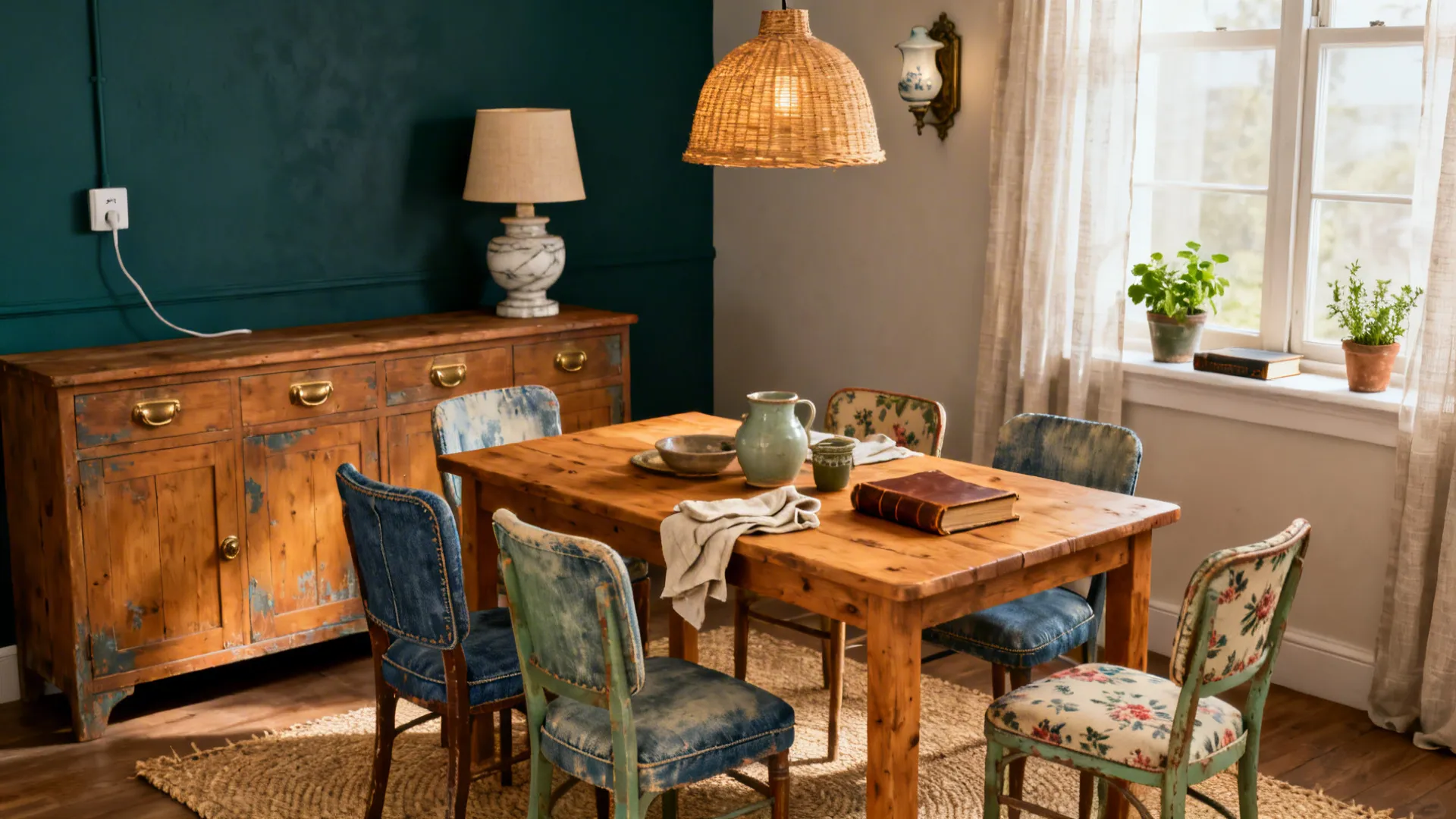 Rustic dining room with a wooden table, vintage chairs, large cabinet, and woven ceiling light