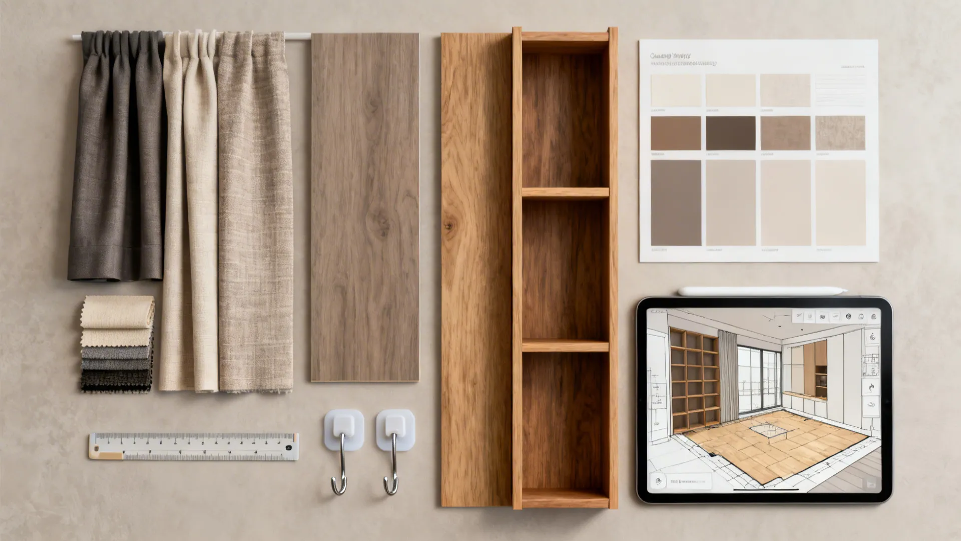Interior design material flatlay with fabric swatches wood panel color palette and interior design drawing