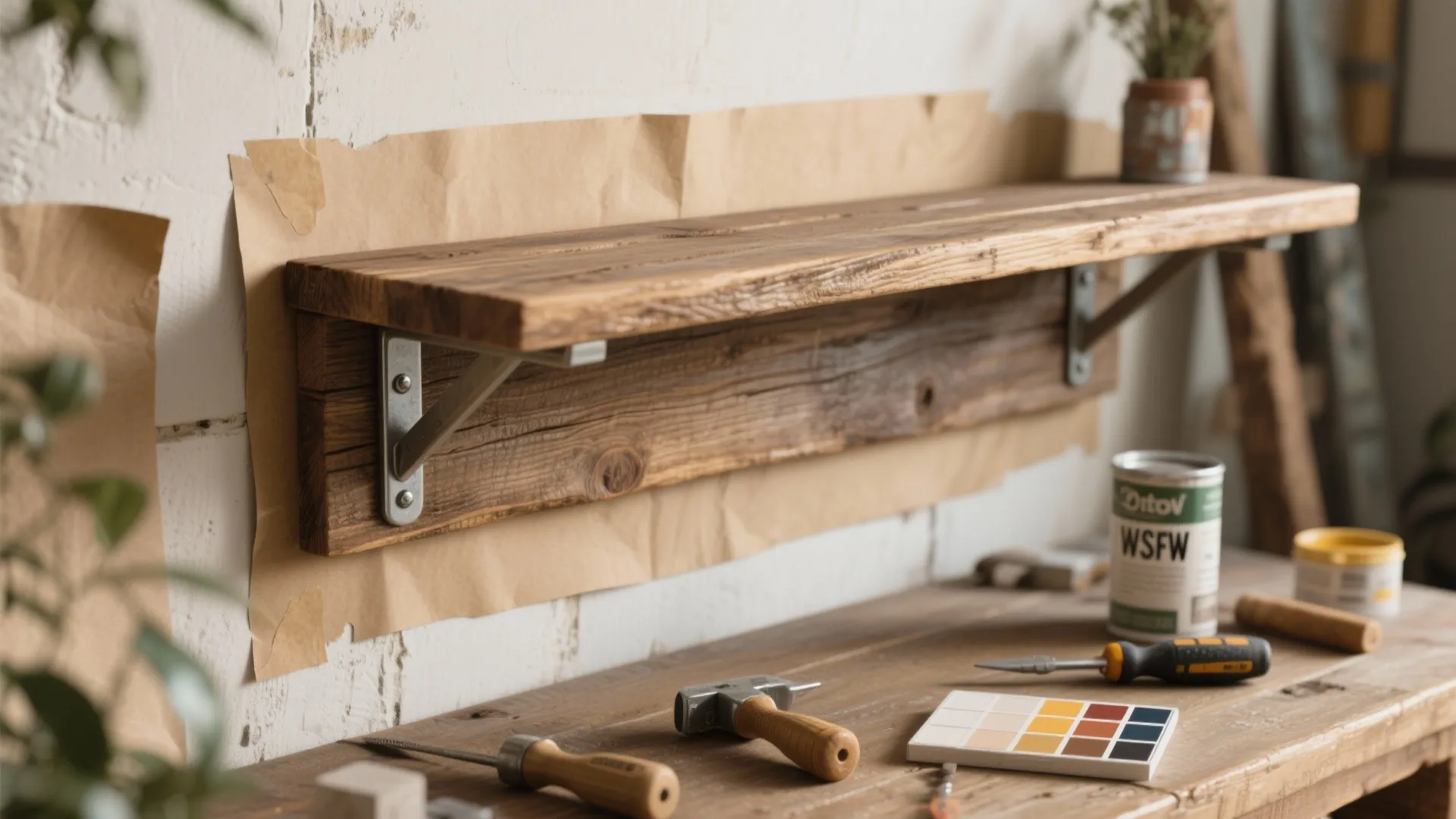 Wooden wall shelf installation with metal brackets tools paint cans and color palette on wood