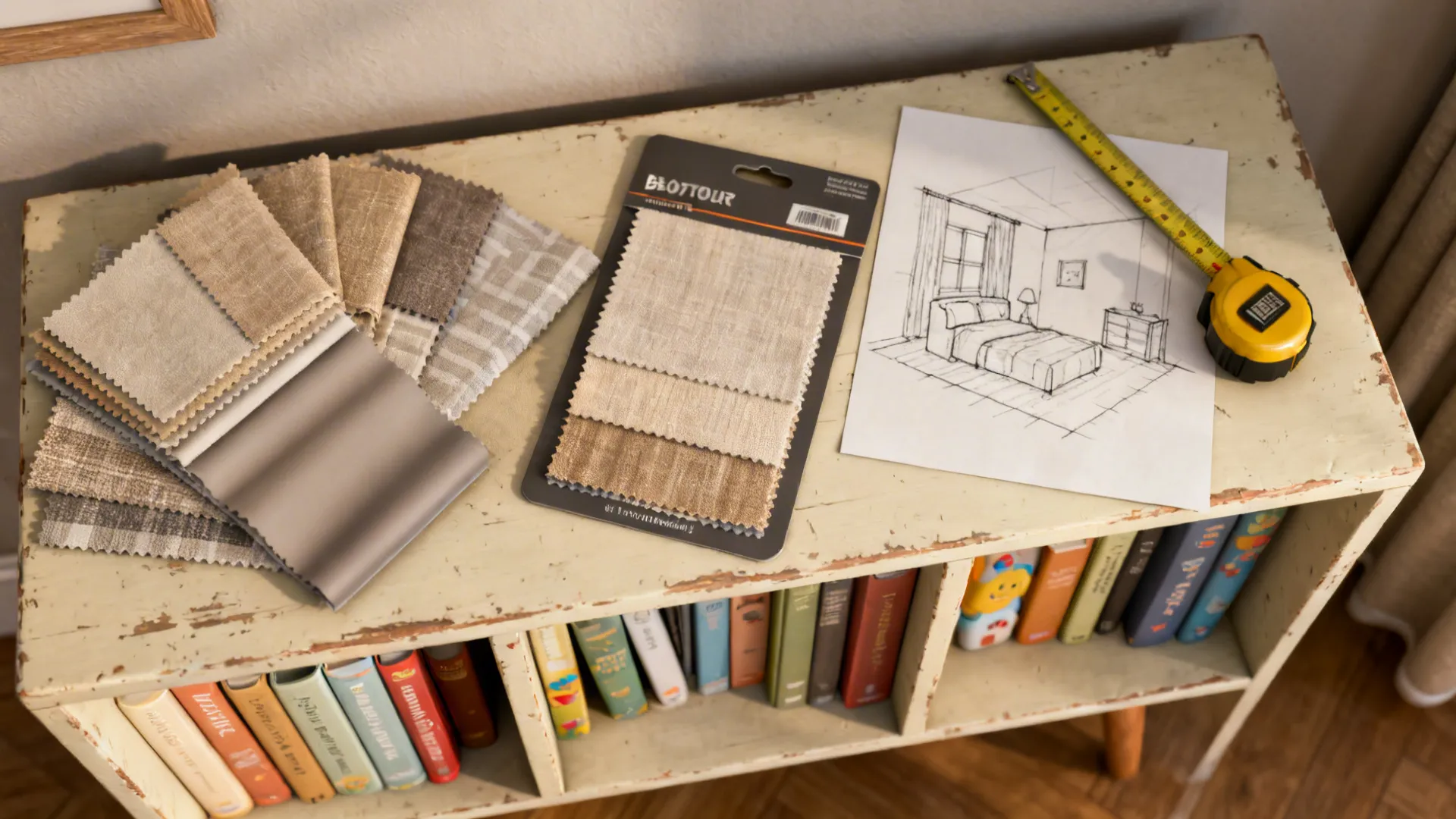 Flatlay of thrifted bookcase, fabric swatches, blackout curtain sample and a simple room sketch.