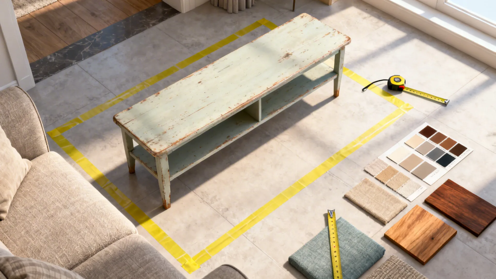 Top view of old bench inside yellow tape with measuring tape and various material color samples