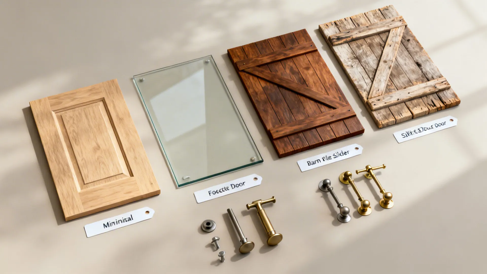 Four different wooden and glass door samples with metal handles and labels on a plain background