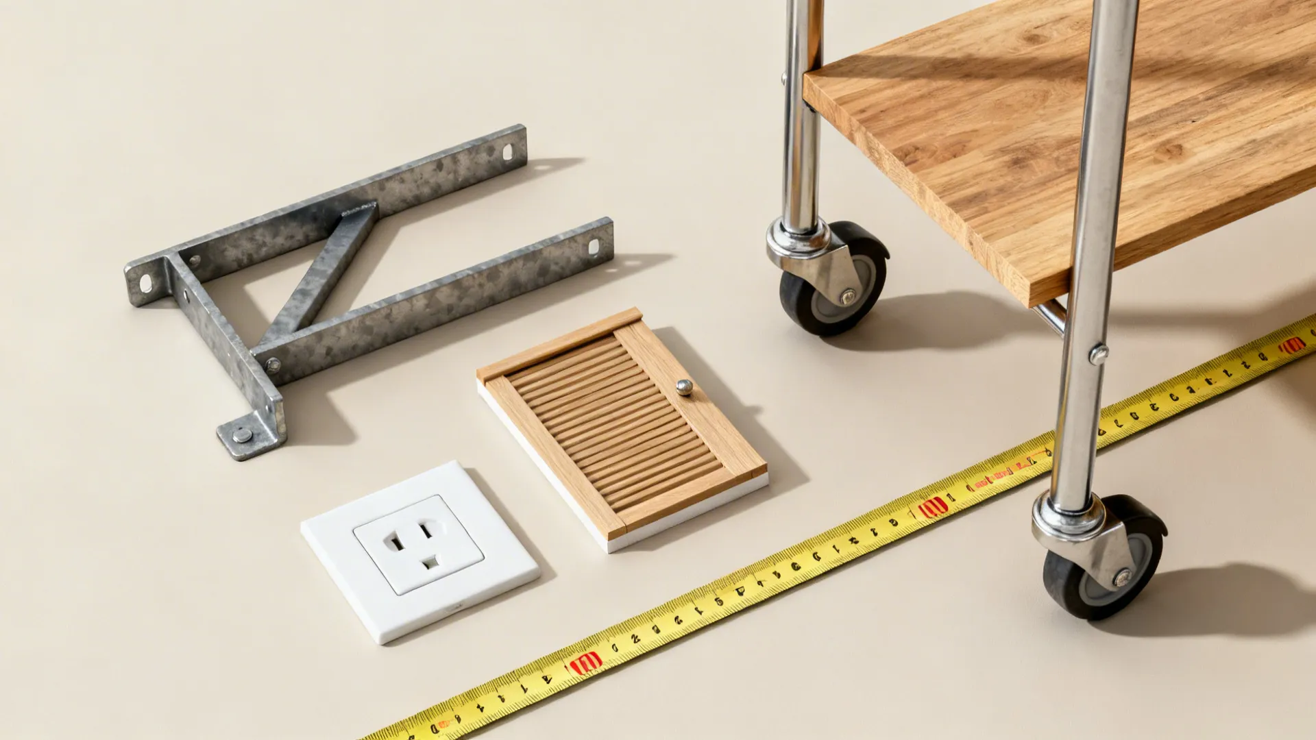 Budget-oriented flatlay with shelf brackets, tambour sample, cart caster, and outlet plate.