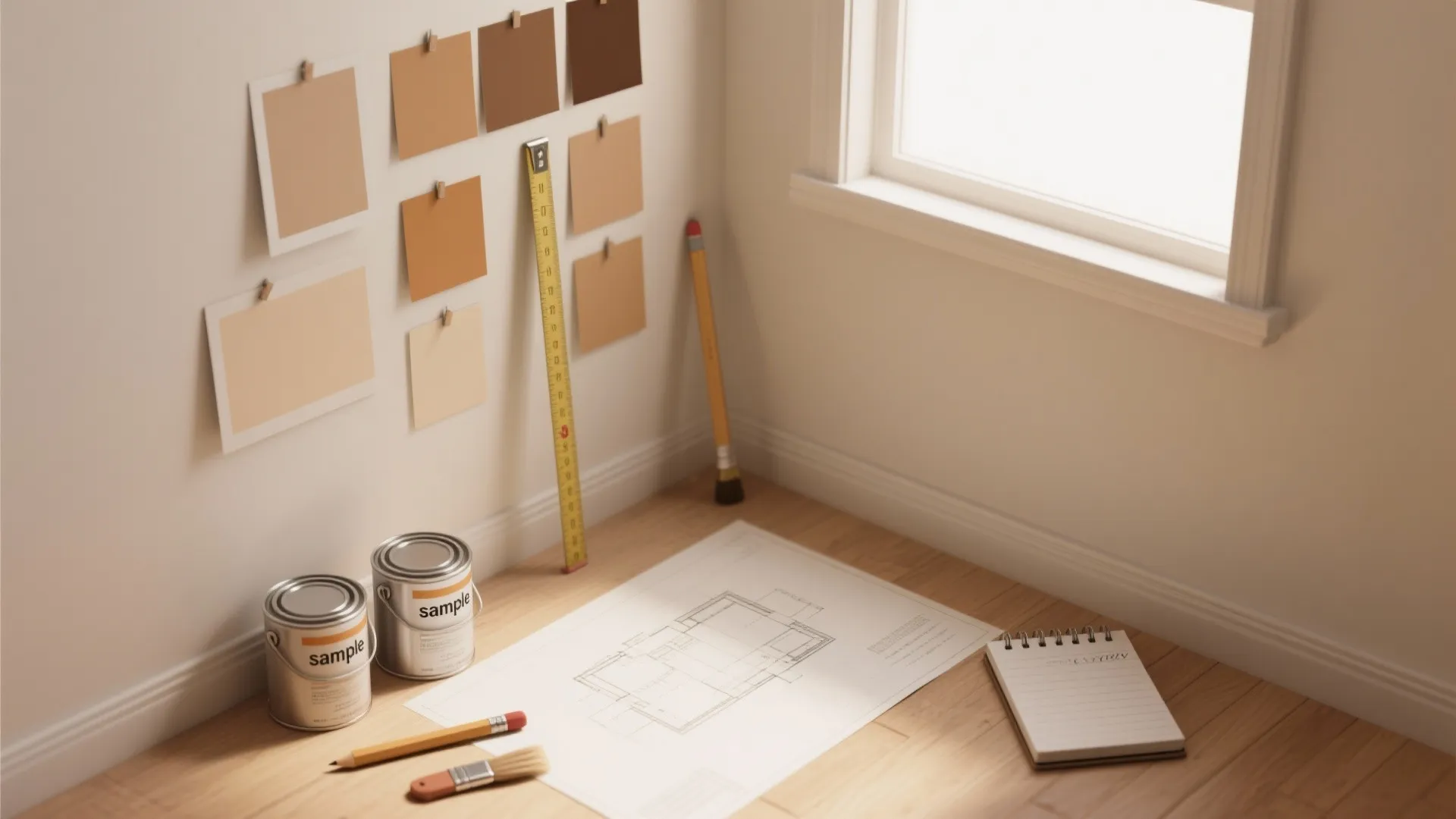 Top-down layout of paint swatches, floor plan, measuring tape and tools for a paint planning session.