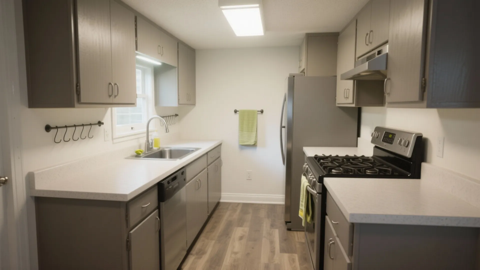 Modern narrow kitchen with grey cabinets white countertops stainless steel appliances wooden flooring and natural light