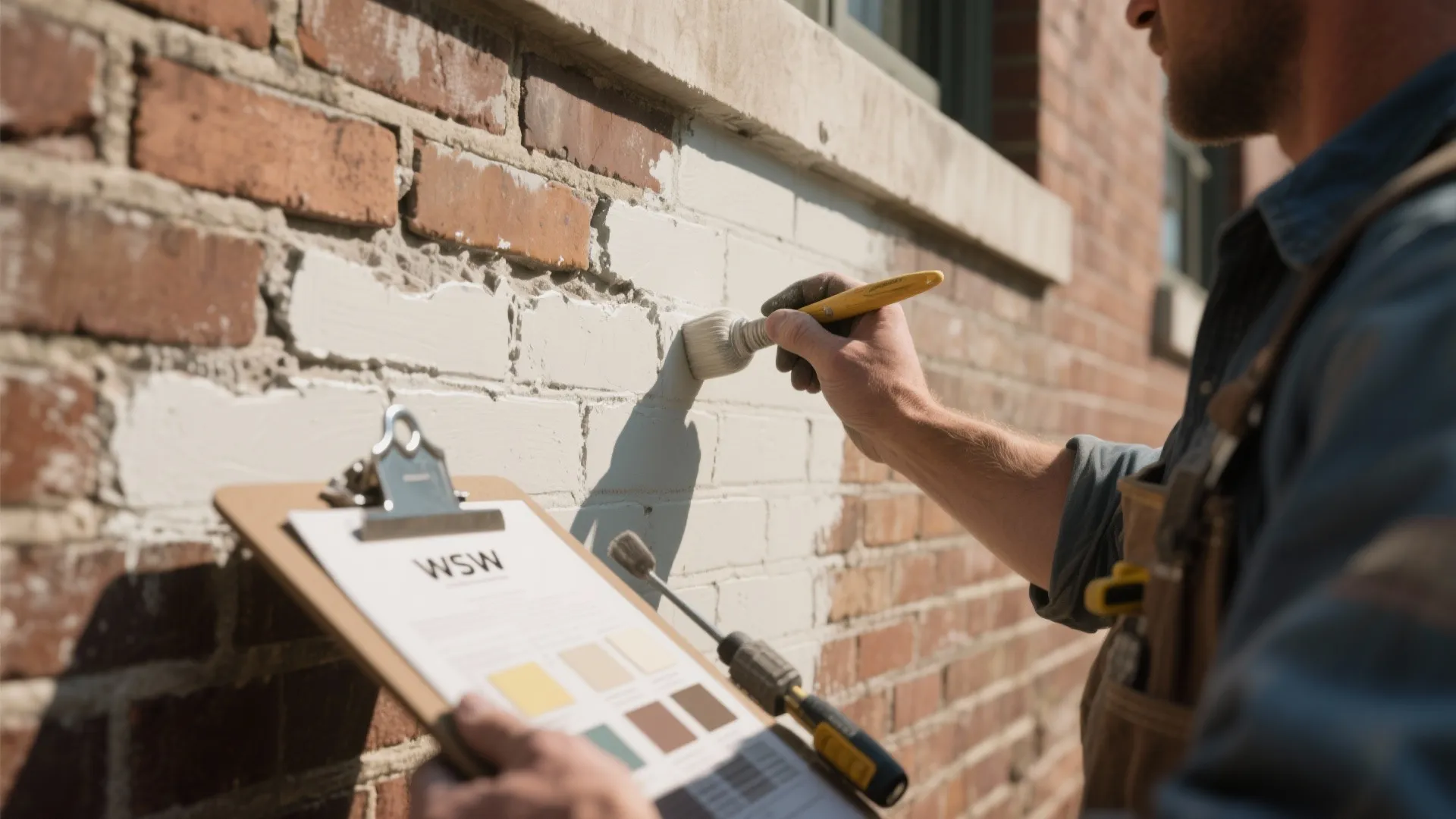 Worker uses a small brush to paint brick wall white while holding color swatch clipboard