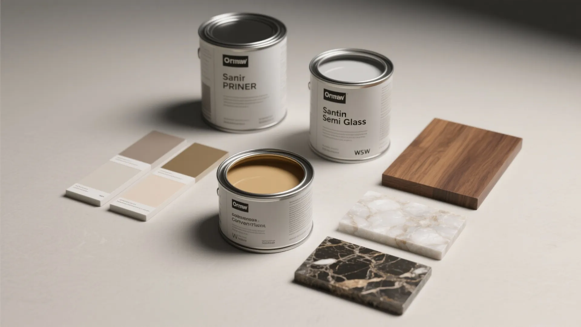 Paint cans, wood sample, marble pieces, and color swatches for an interior design home project