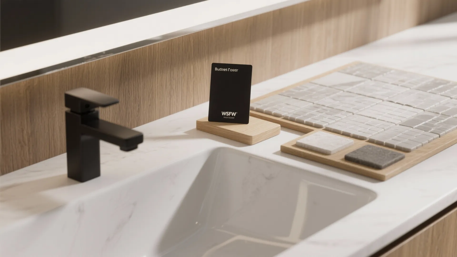 Modern bathroom vanity with white marble sink, black faucet, wooden wall, and various material samples
