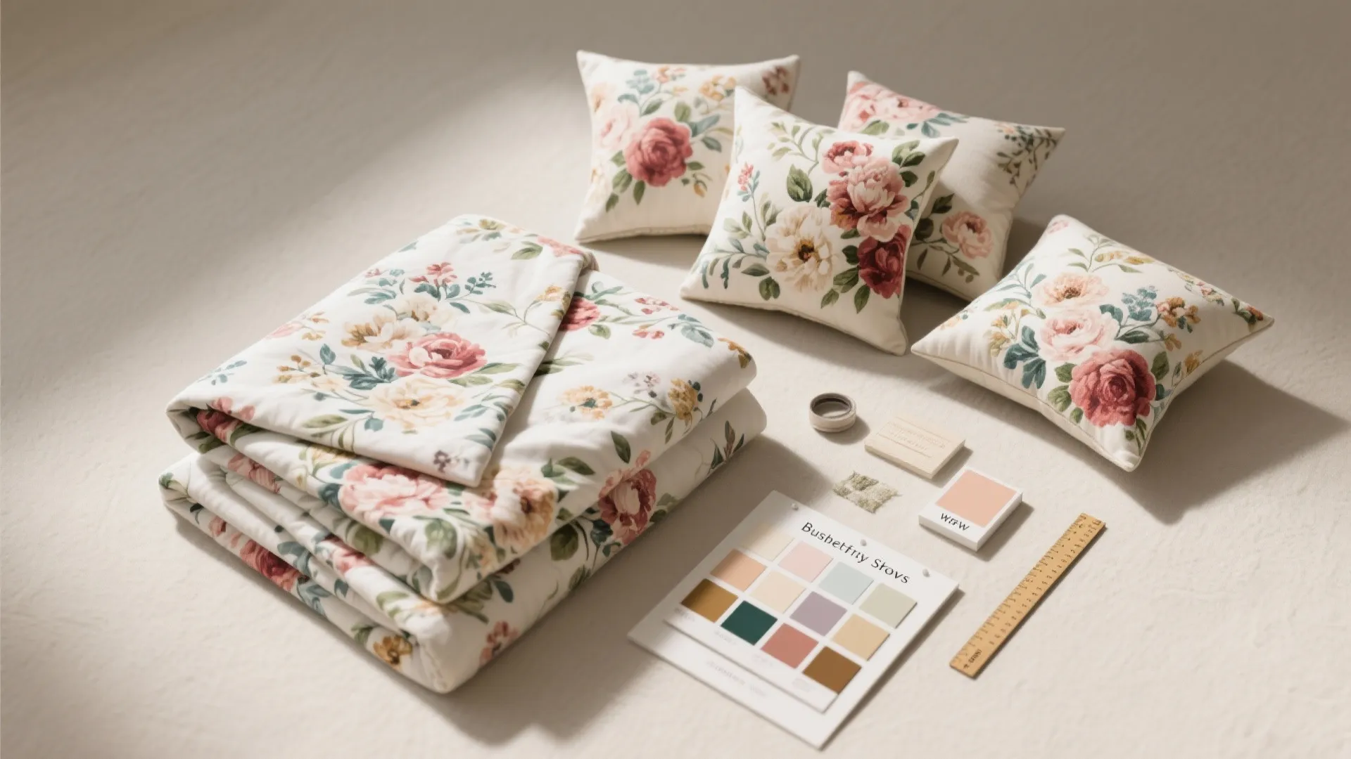 Interior design mood board with floral blankets pillows color palette samples and a wooden ruler
