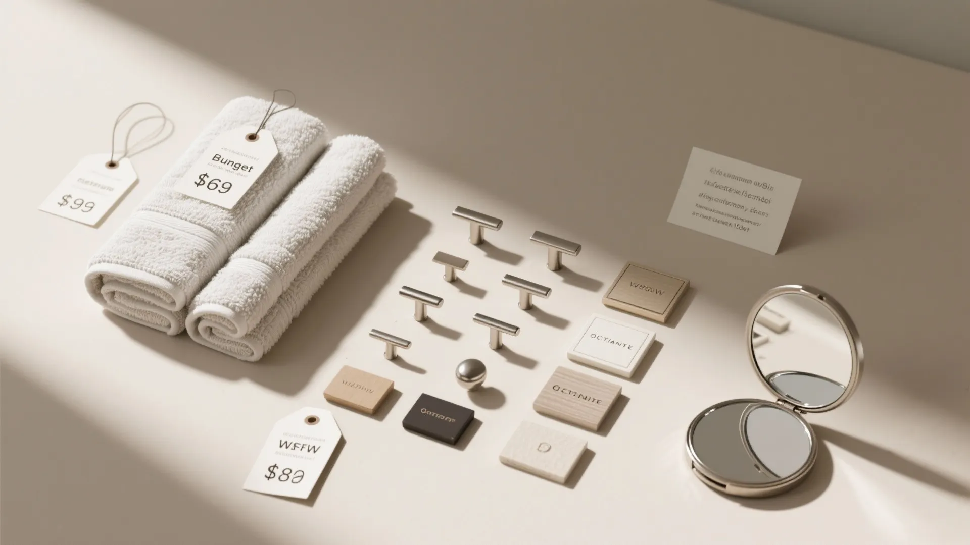 Bathroom accessory flatlay with white towels price tags metal handles small samples and a mirror