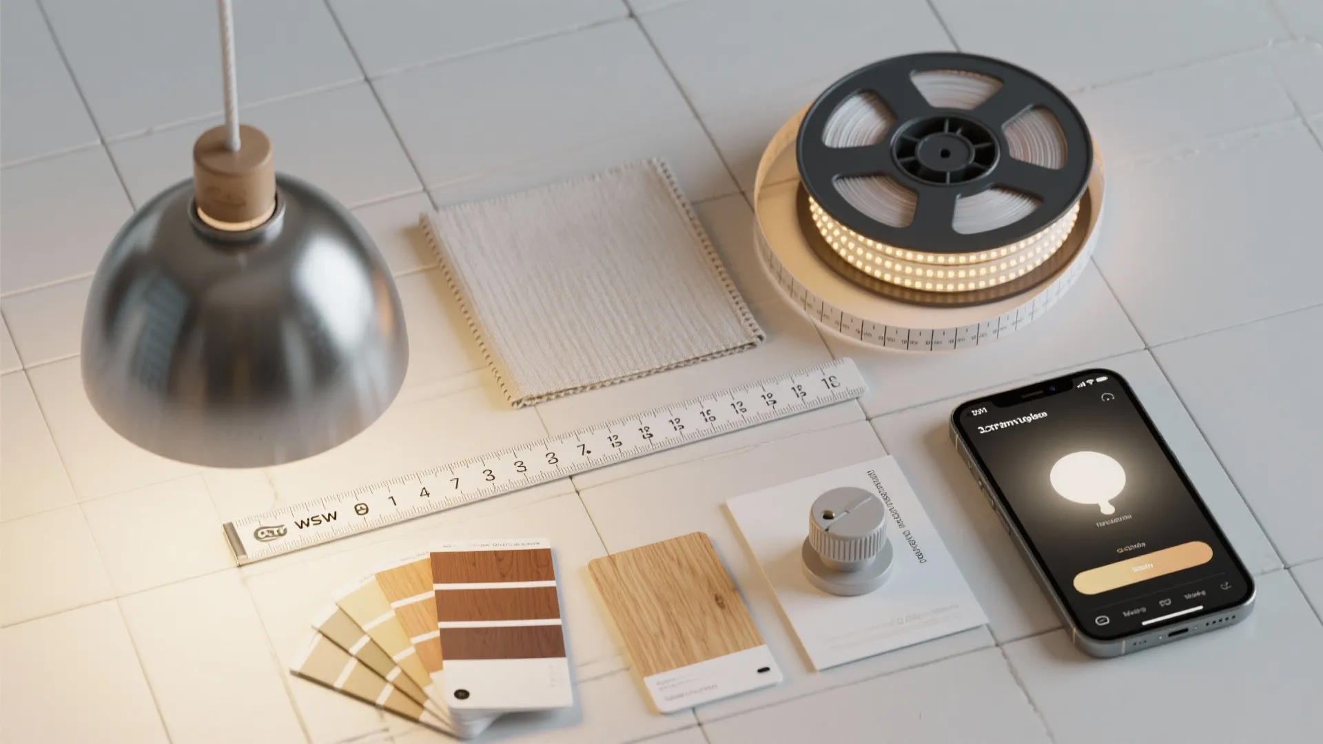 Top-down flatlay of pendant sample, LED strip reel, tape measure, swatches, and dimmer for lighting decisions on a budget.