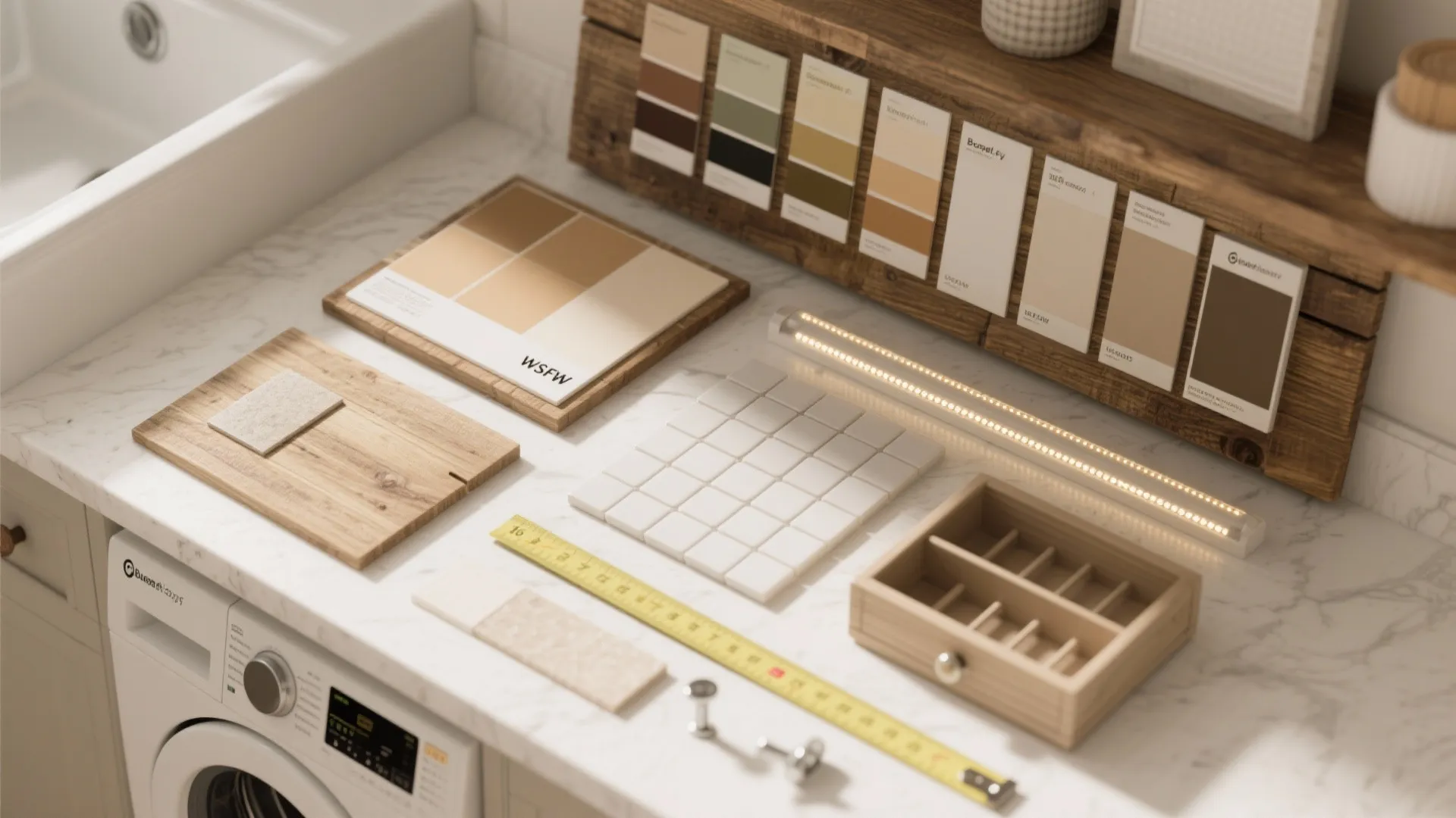 Marble countertop displaying wood samples color cards white tiles yellow measuring tape and one light