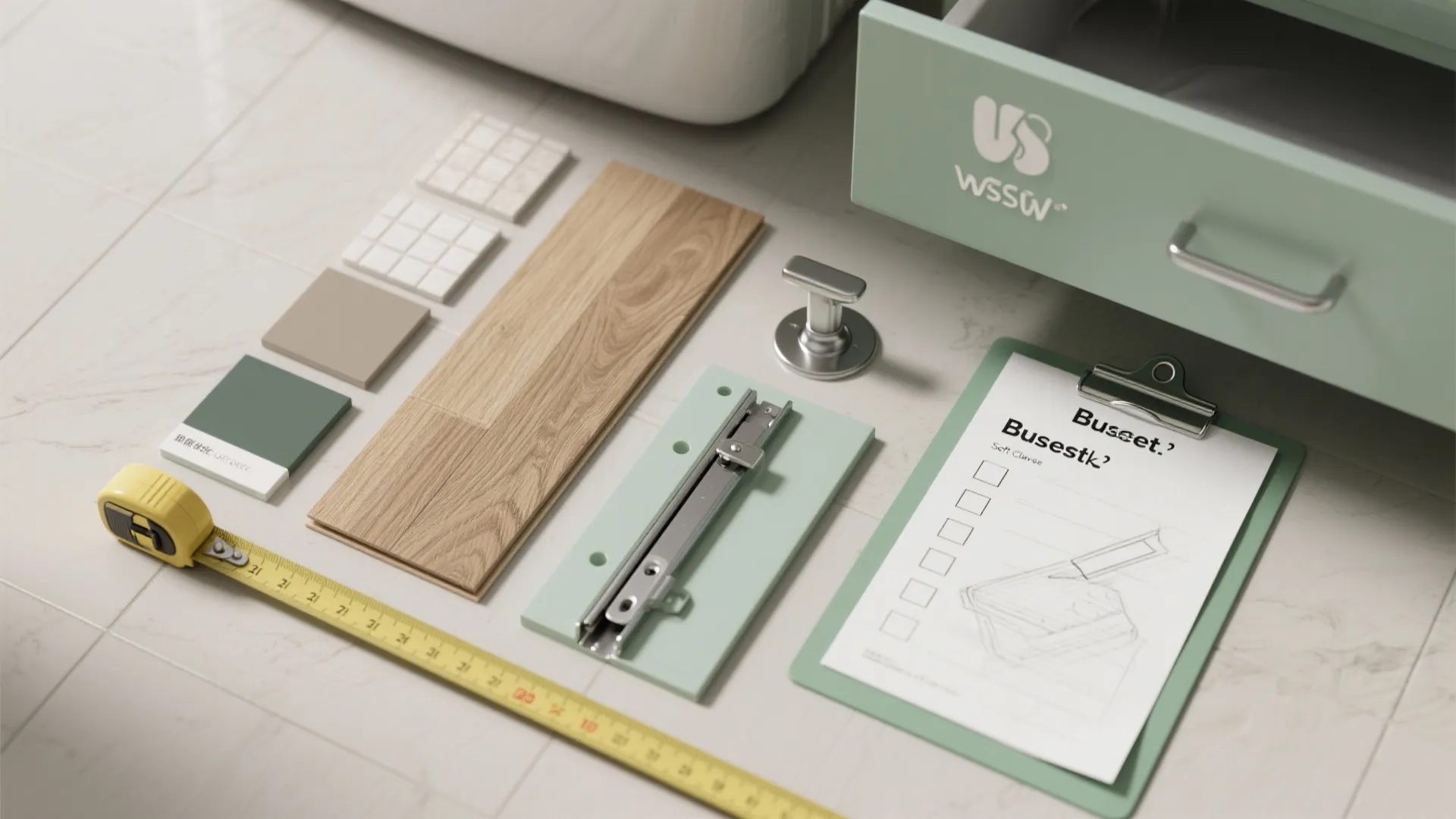 Interior design materials flat lay with wood flooring samples tiles yellow tape measure and clip board