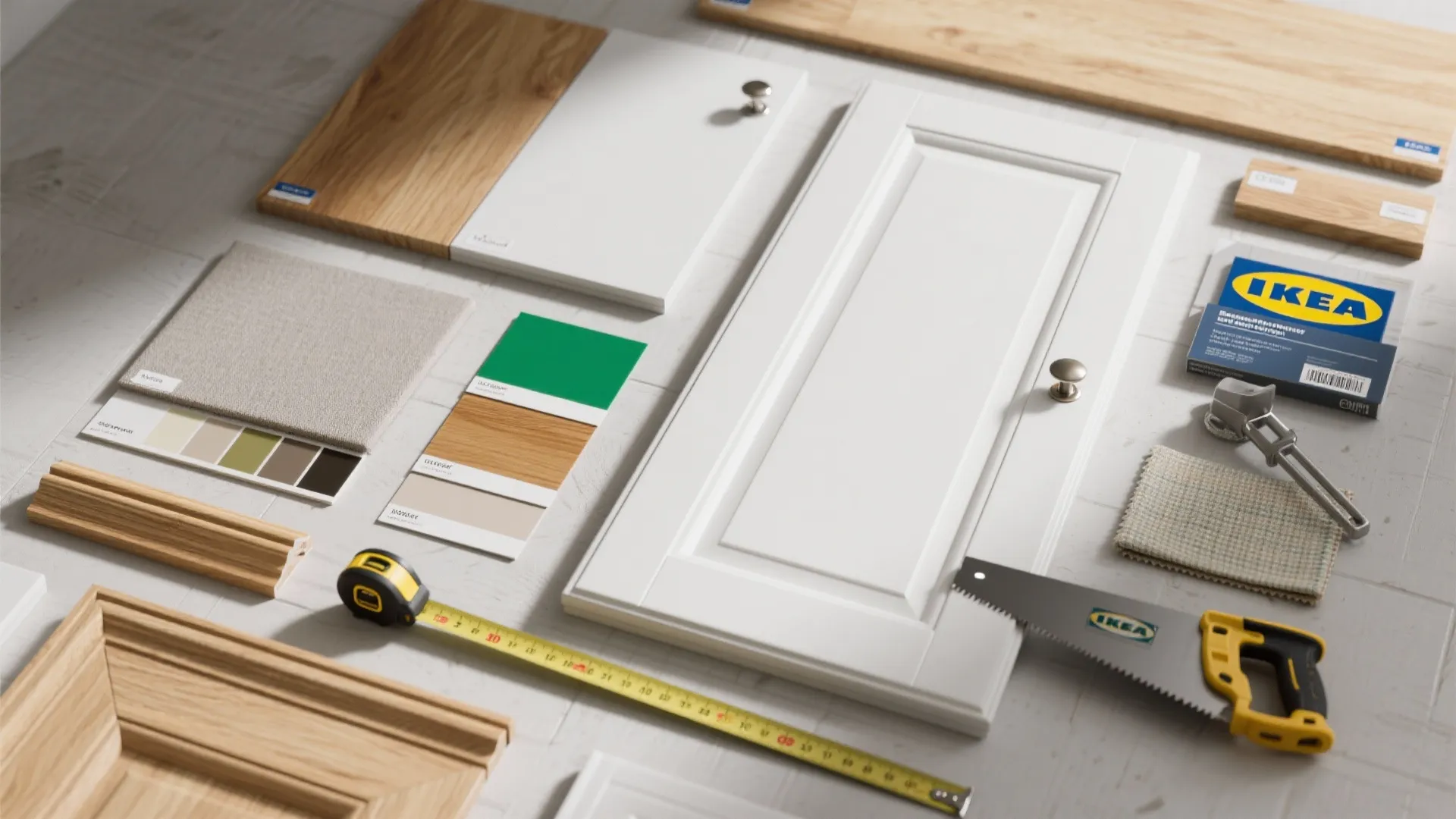 Flatlay of IKEA door samples, trim pieces, paint swatches and tools for budget laundry upgrades.