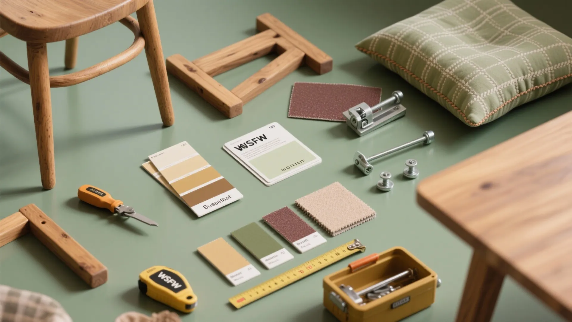 Top-down flatlay of thrifted chair parts, paint swatches, fabric samples, hardware and a measuring tape for budget refurbishing.