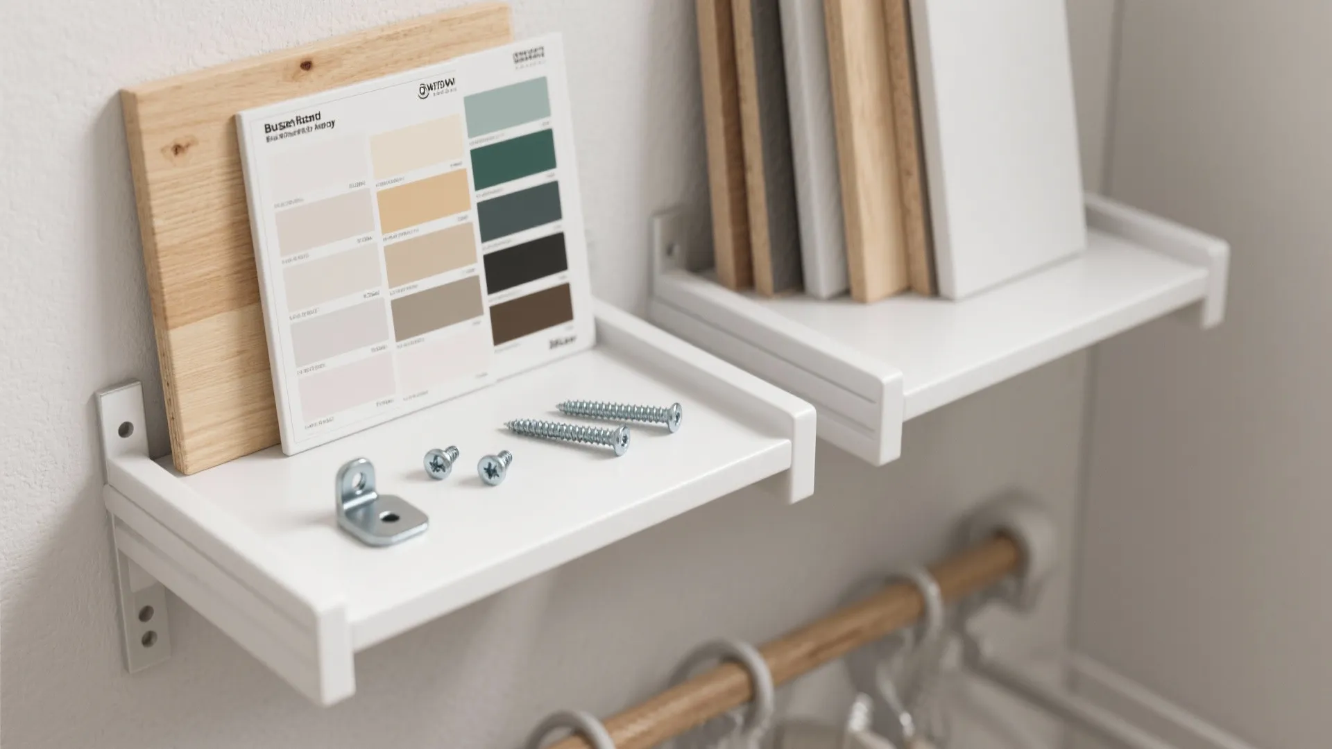 Small white wall shelves with wood samples color palette screws and metal brackets for installation