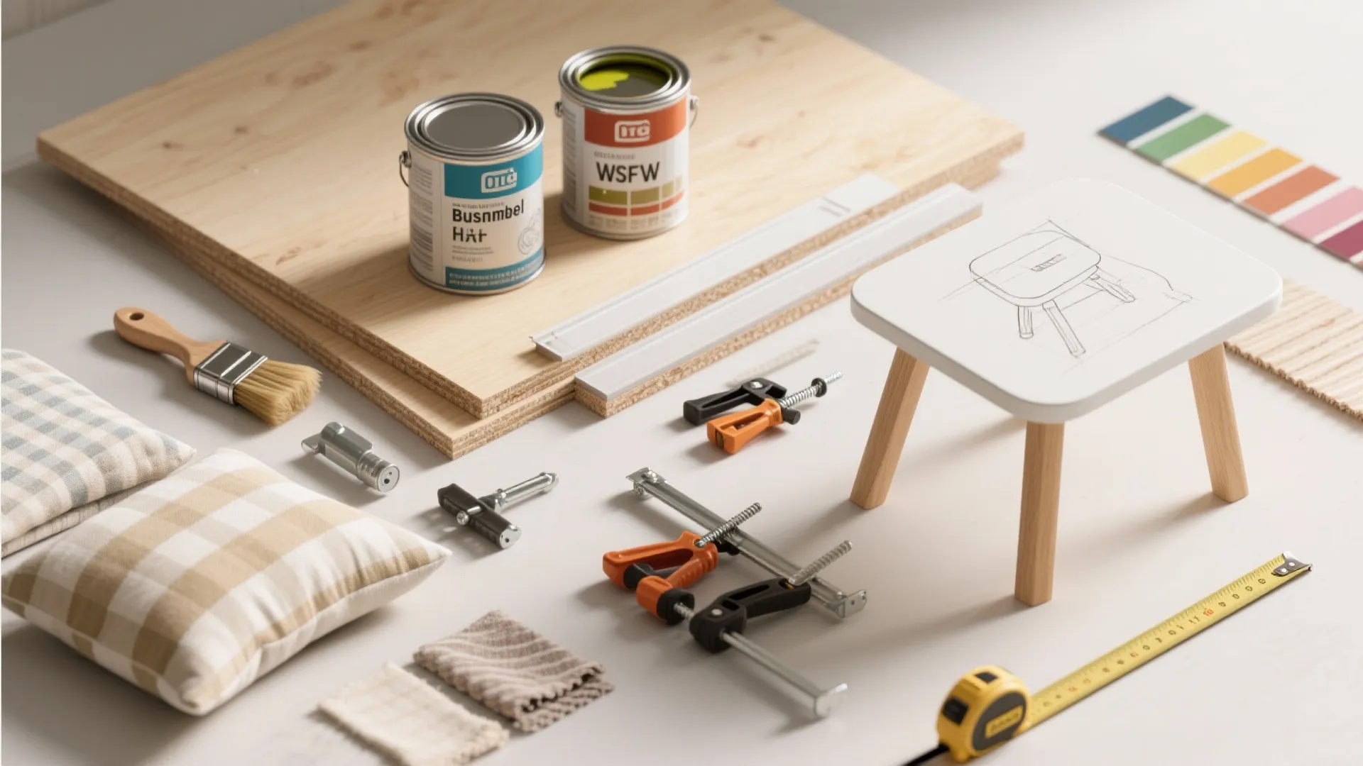 Interior design materials including wood boards paint cans tools a small stool and colorful color swatches