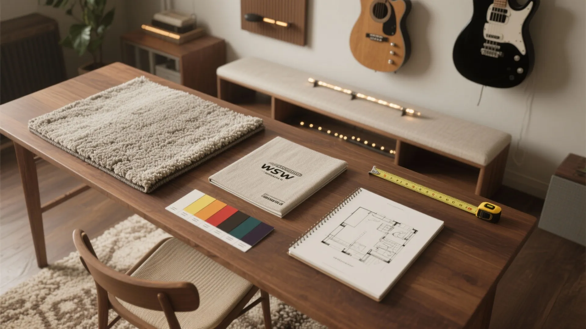 Wooden table with color swatches floor plan notebook measuring tape carpet sample and guitar wall