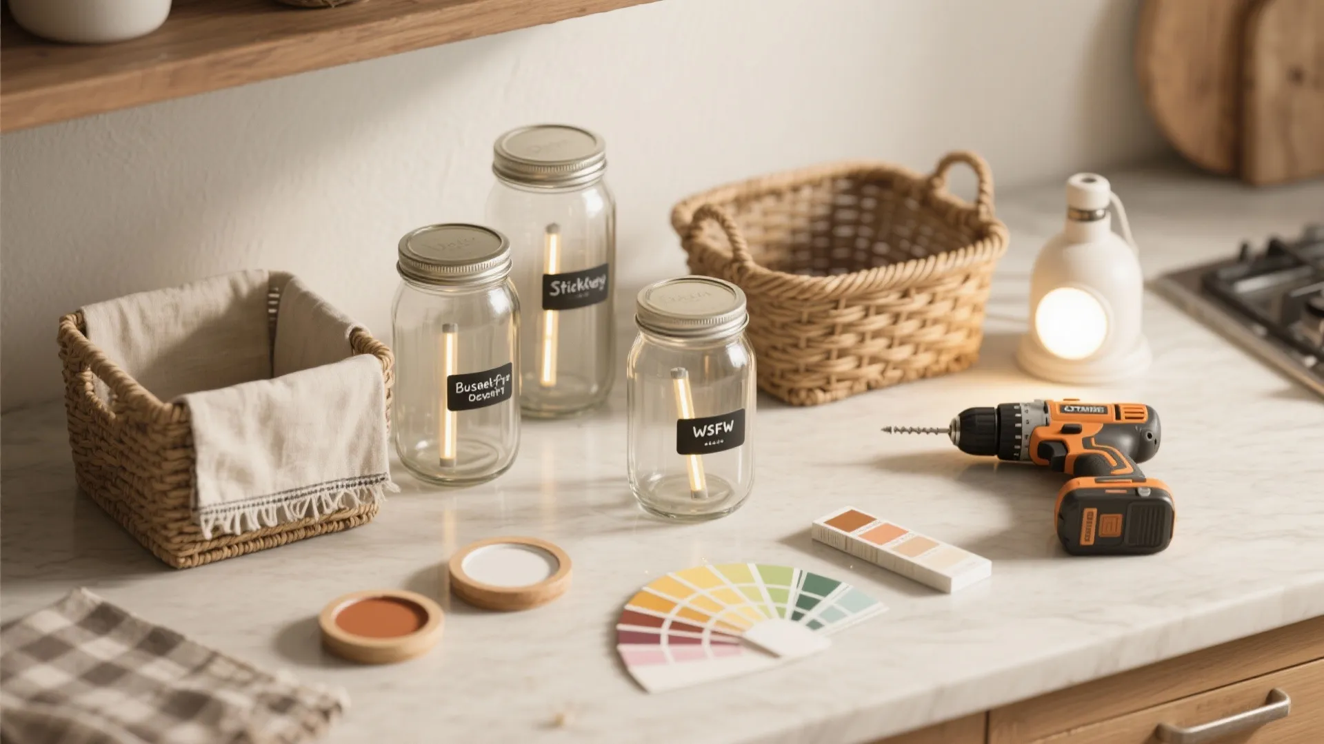 Interior design planning with color samples glass jars and power drill on white marble kitchen counter