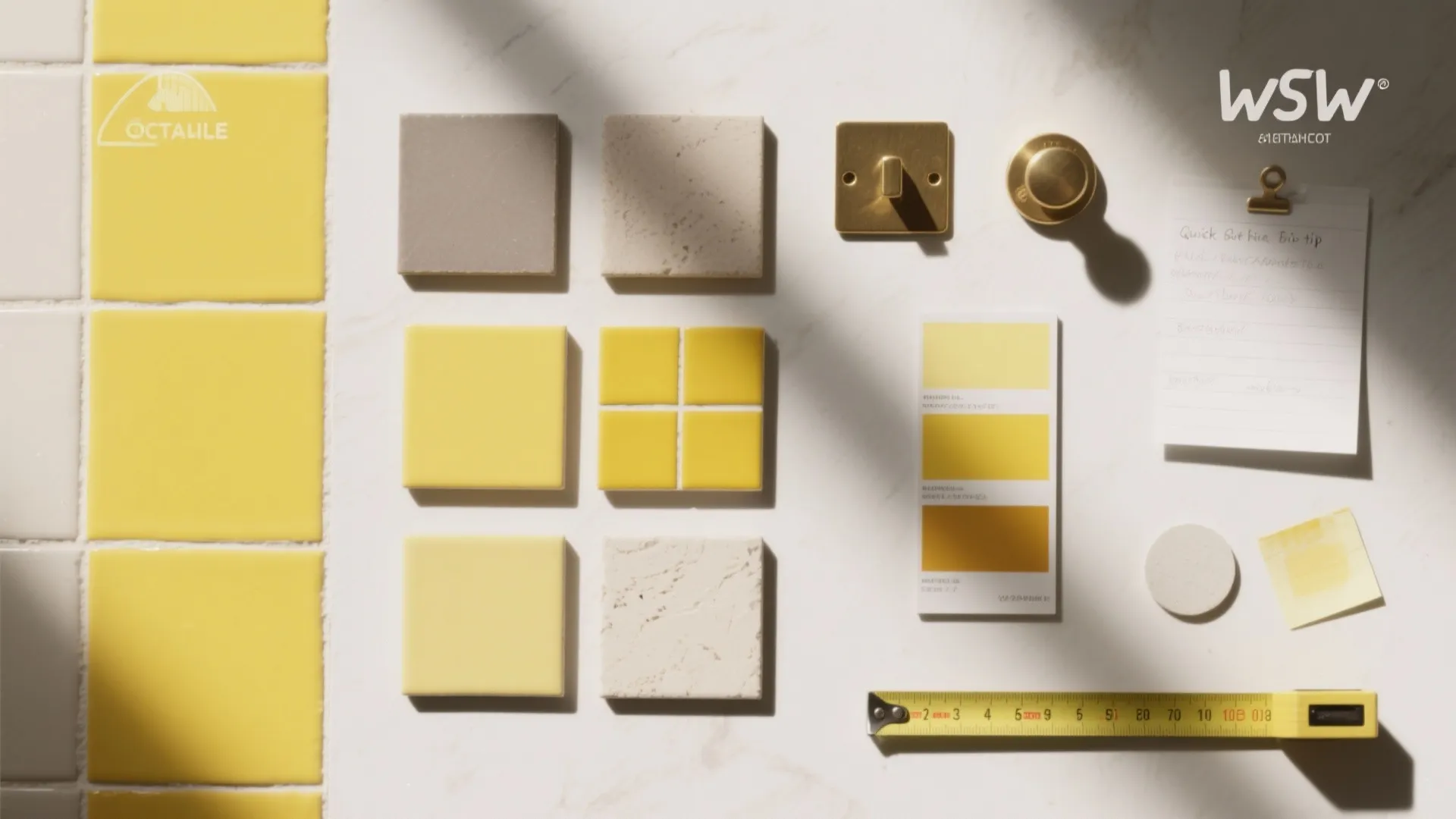 Interior design mood board with yellow tiles stone samples brass hardware color swatches and measuring tape