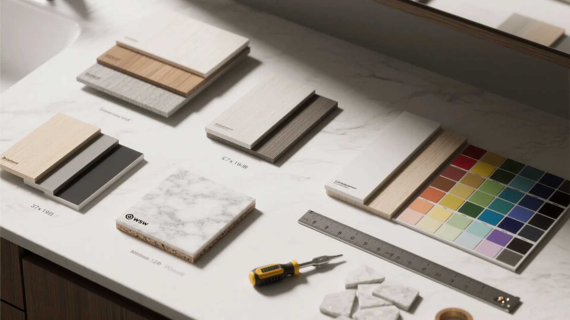 Interior design material samples including wood panels marble tile color chart ruler and yellow screwdriver