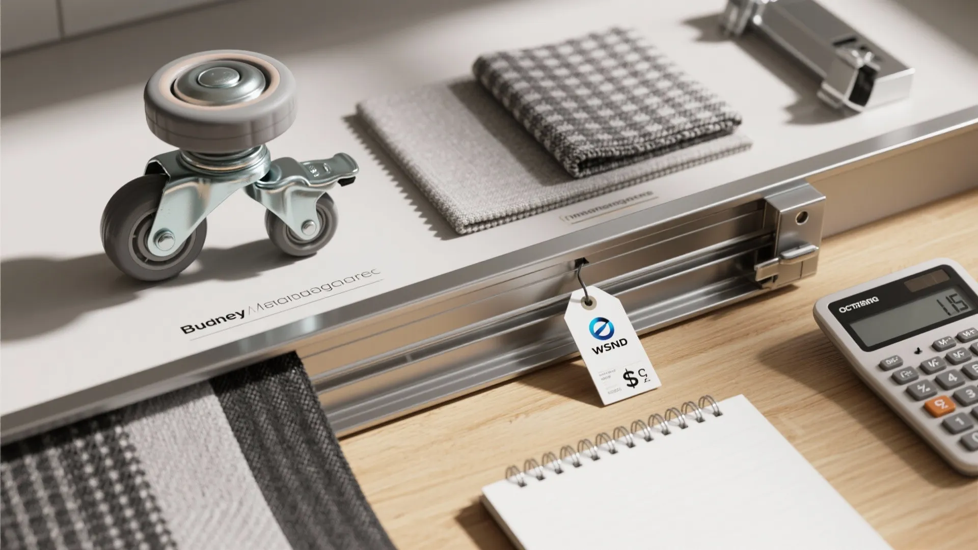 Desk layout with wheels fabric samples price tag notebook and calculator for home interior renovation