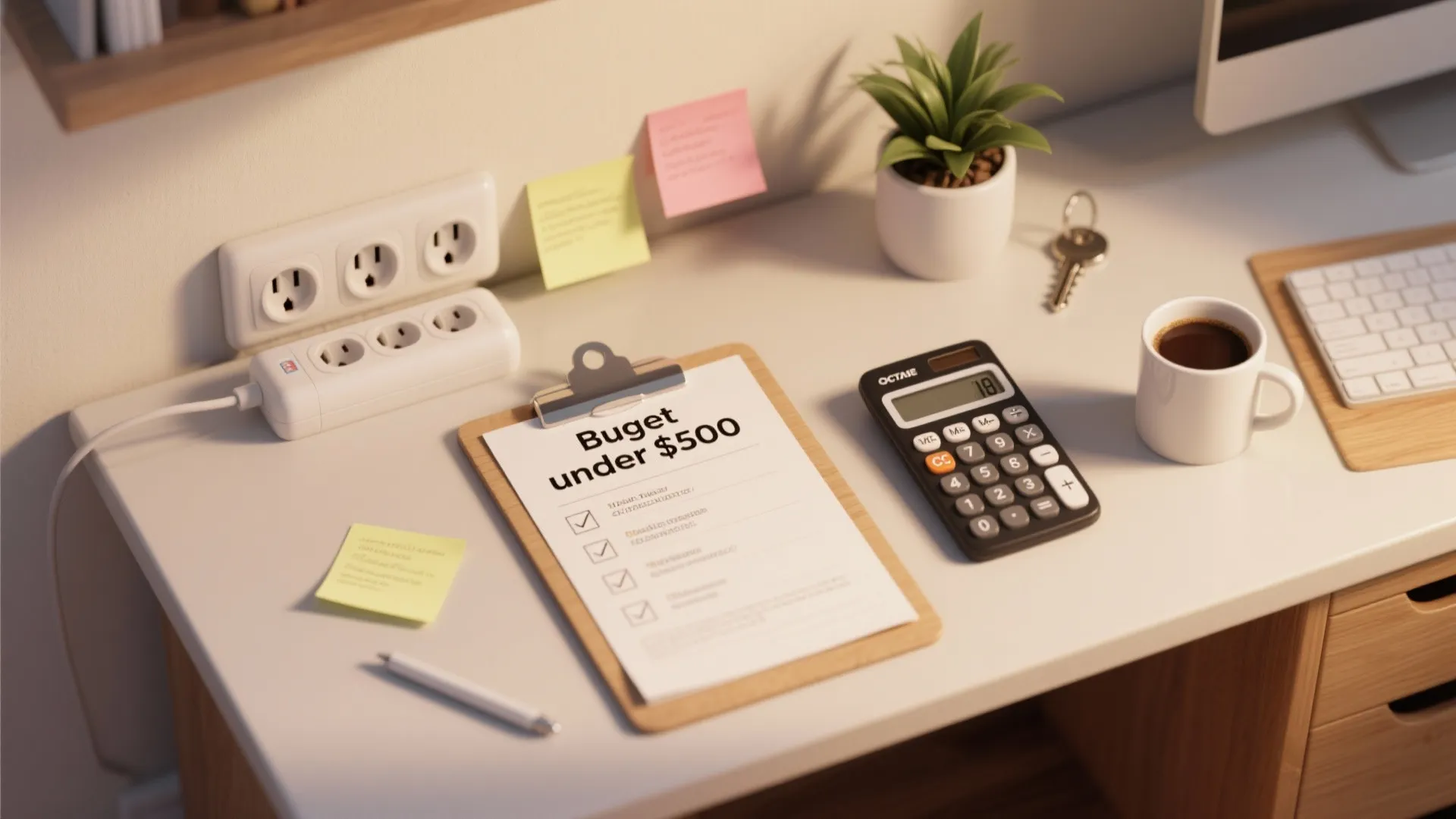 Desk with budget checklist on clipboard calculator coffee cup power strip pen and sticky notes