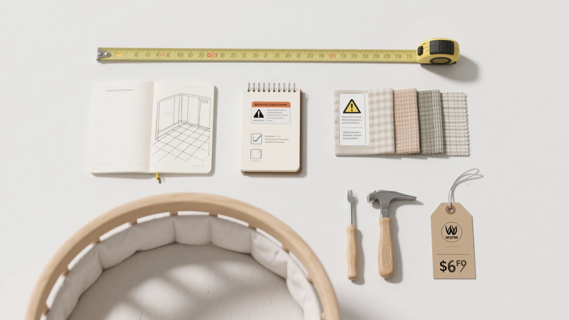 Home improvement flat lay with measuring tape notebook fabric samples tools and a price tag