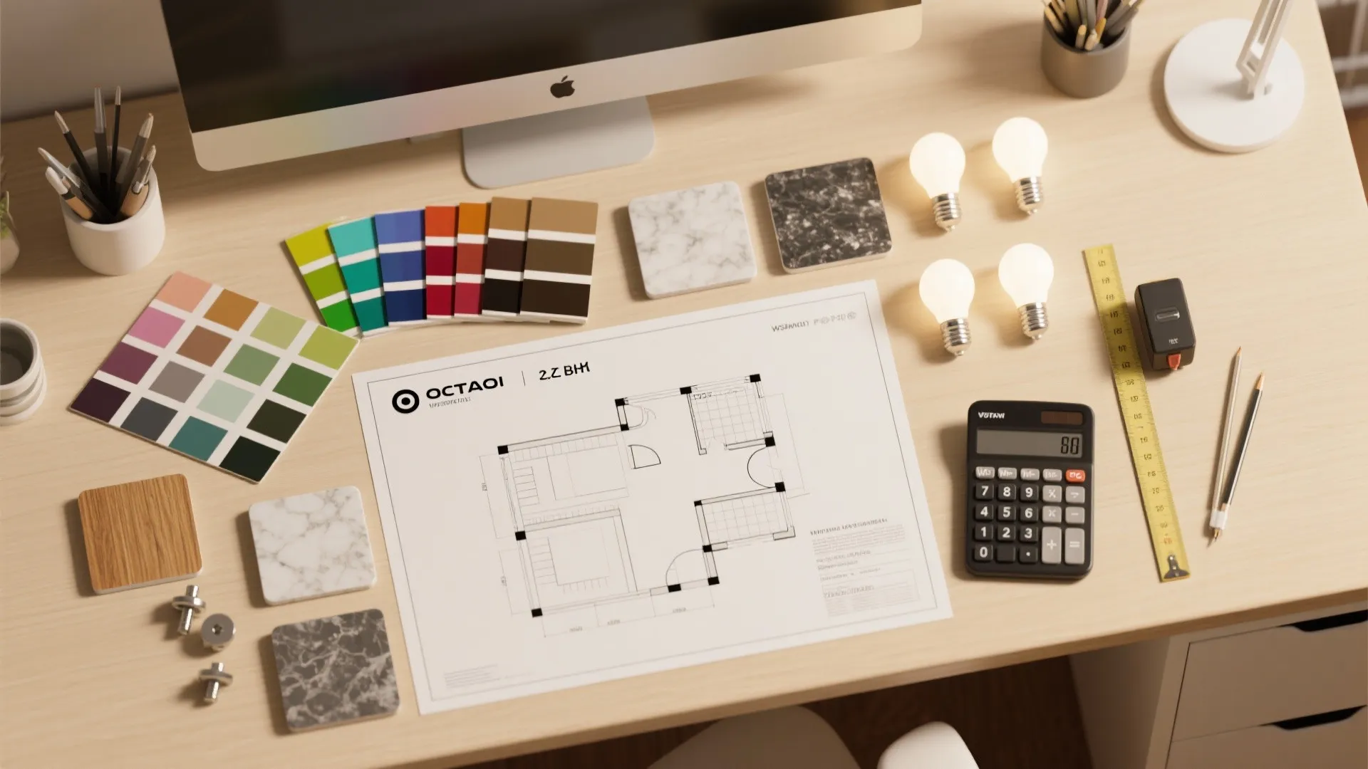 Work desk with floor plan drawing color swatches marble tiles light bulbs calculator and measuring tape