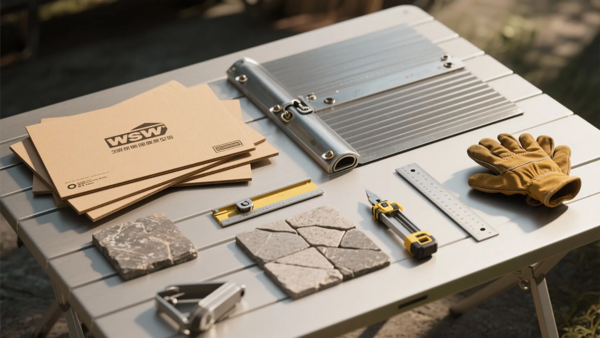 Metal table displaying home improvement tools including stone samples gloves a ruler and paper plans