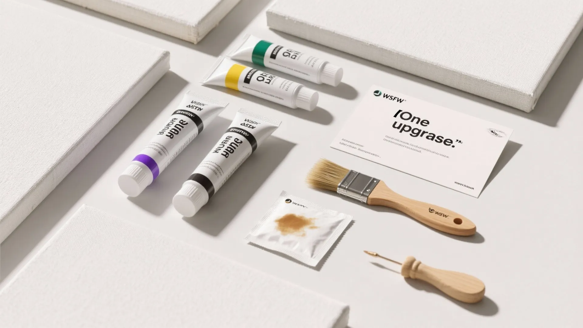 Flat lay of white canvases paint tubes wooden brush and small tool on bright background