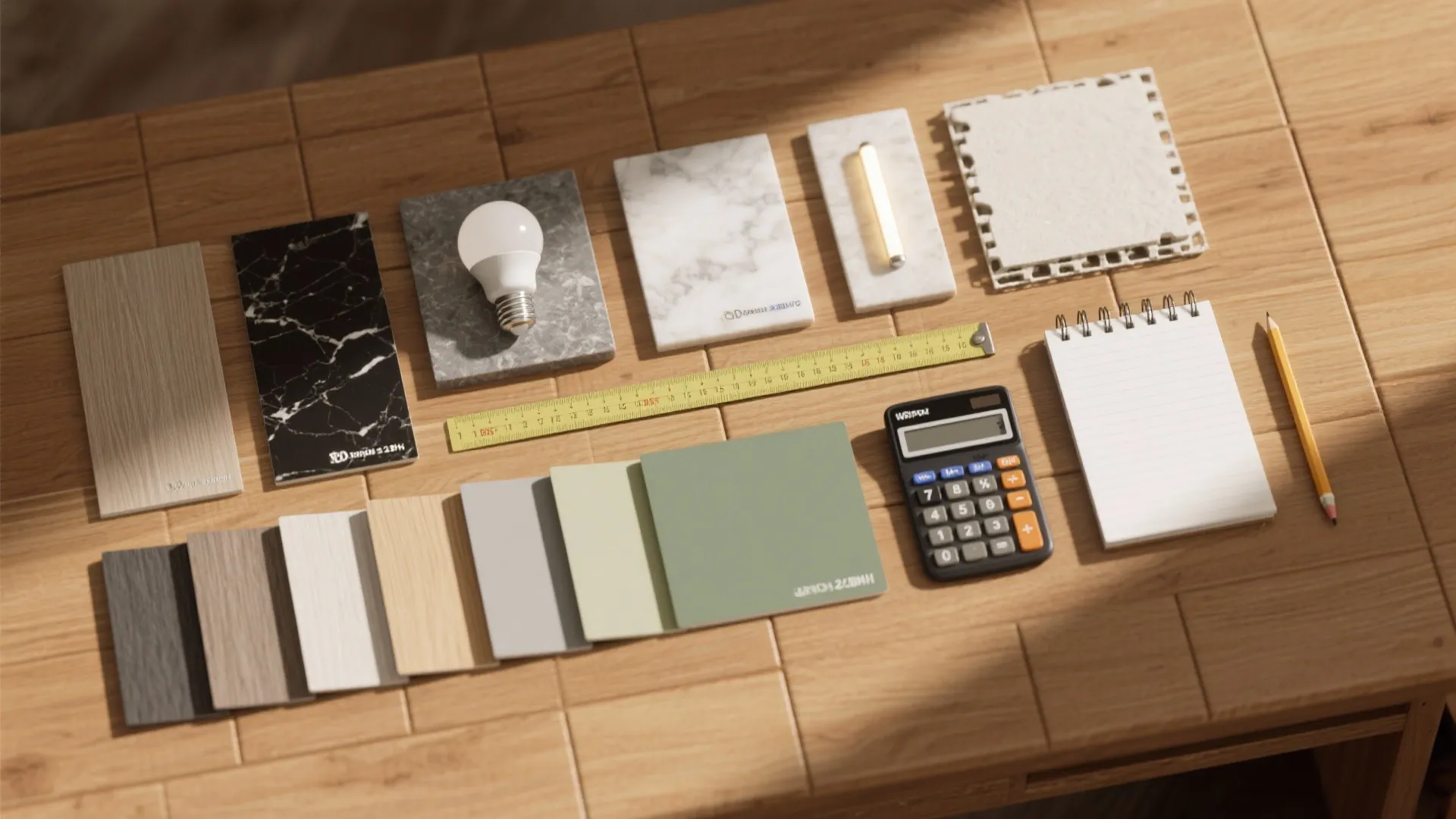 Interior design planning flatlay with material samples light bulb calculator notebook and yellow measuring tape tool