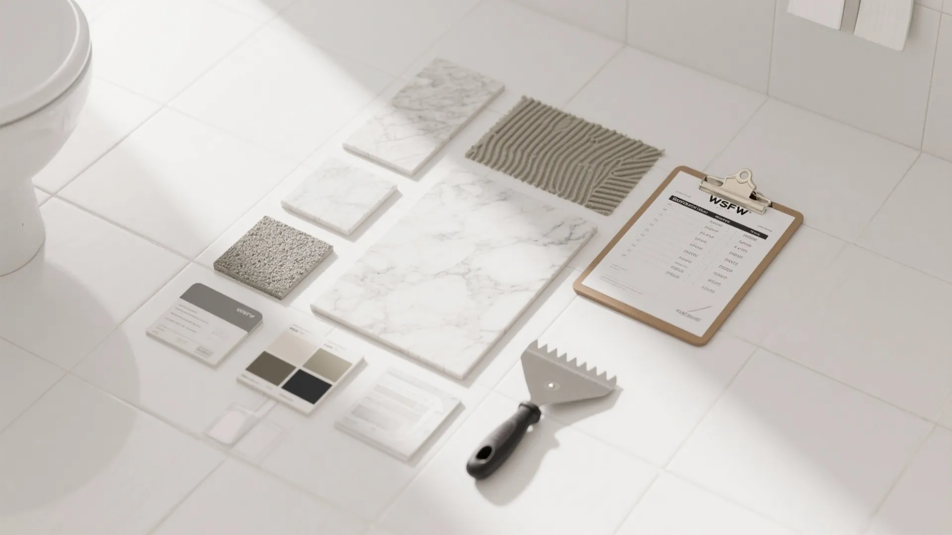 Flat lay with various white tile samples, grout, membrane, and tools for budgeting.