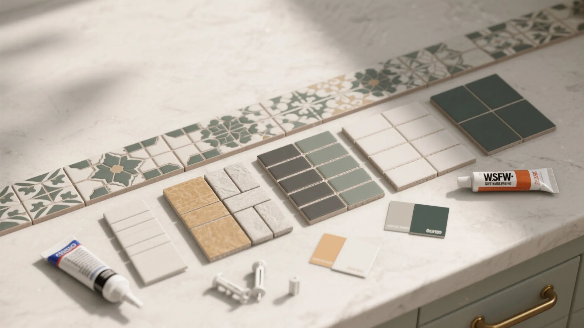 Collection of various wall tiles and color samples placed on a white marble kitchen countertop