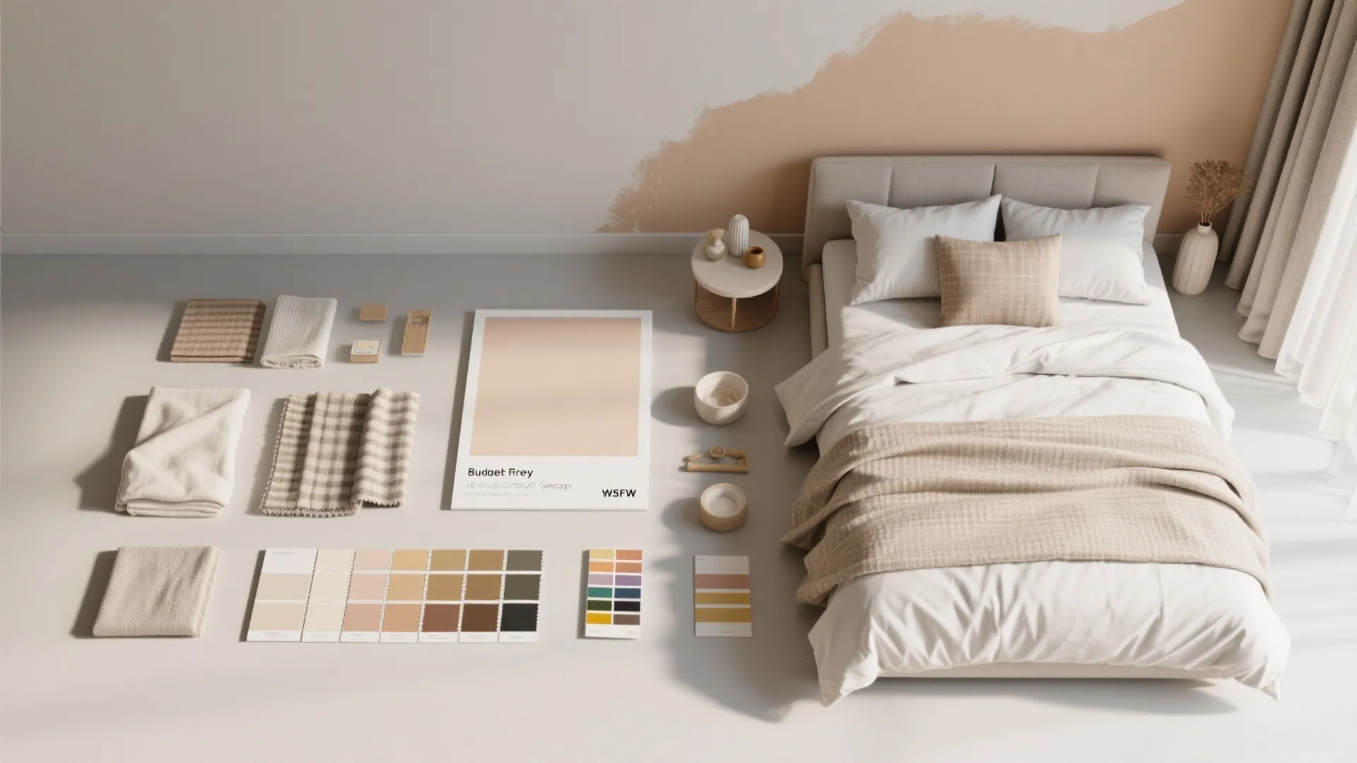 Flat lay of bedroom materials with fabric samples color cards and a cozy white bed setup
