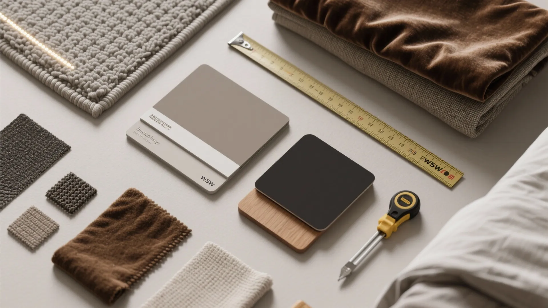 Flatlay of paint, fabric and material samples for affordable bedroom updates