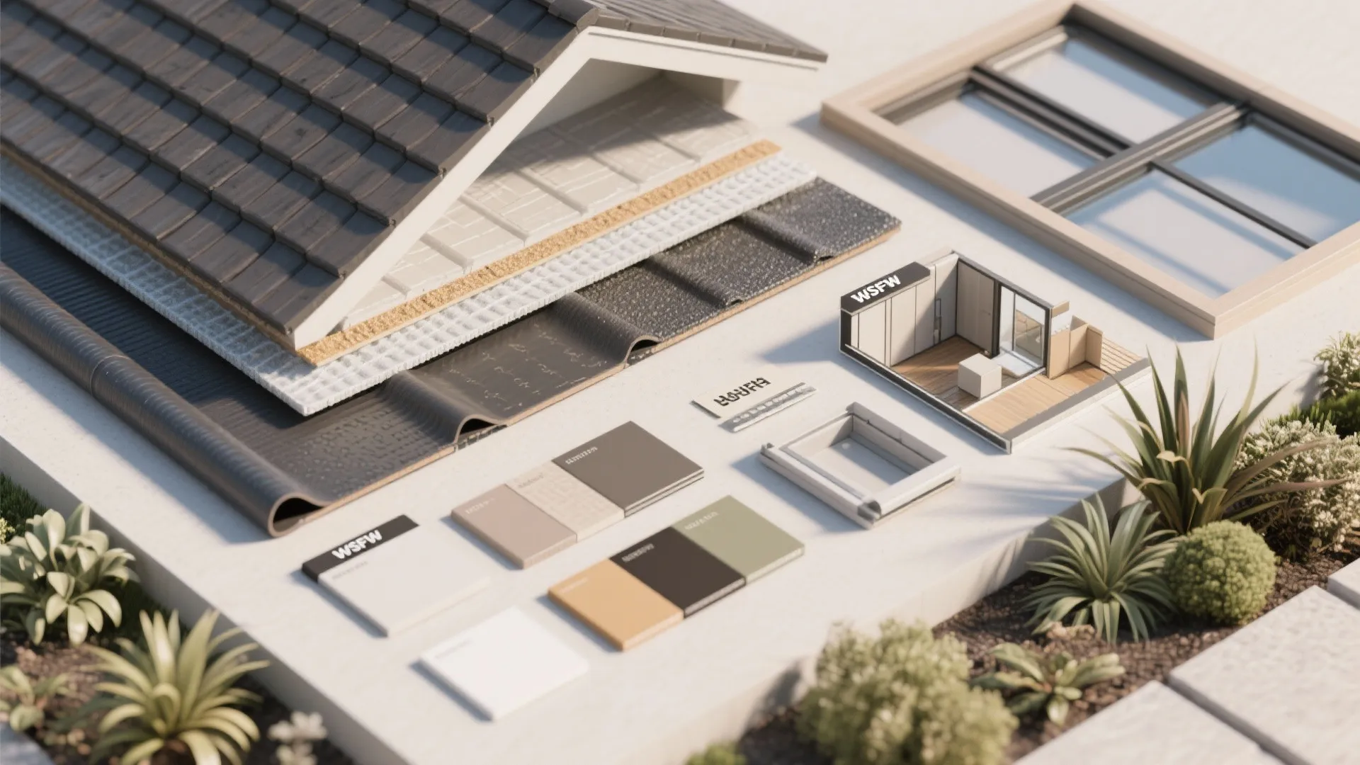 Interior design materials including roof tiles color samples and a small scale house room model