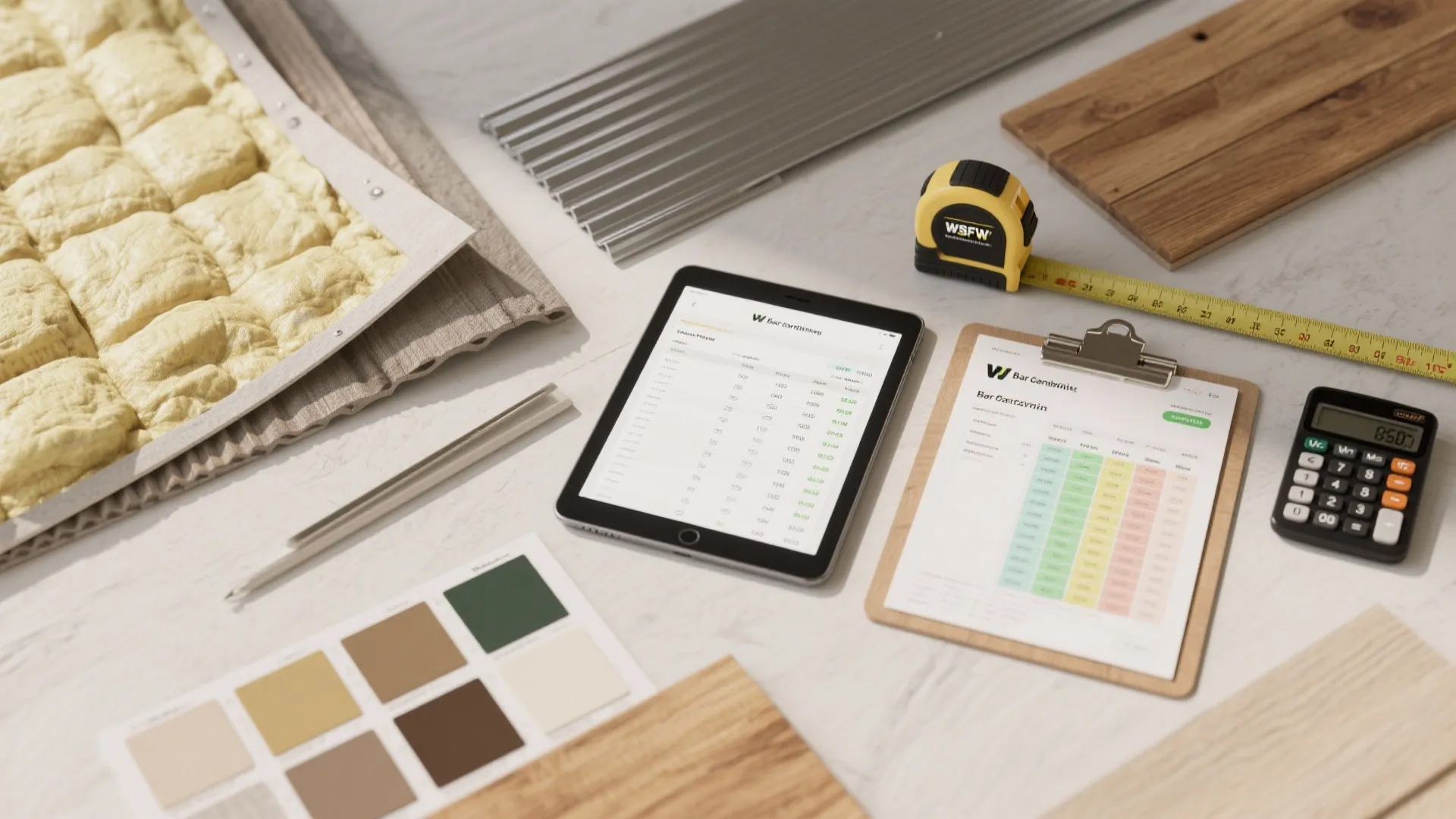 Interior design budget planning flat lay featuring tablet, calculator, tape measure, color swatches, and wood