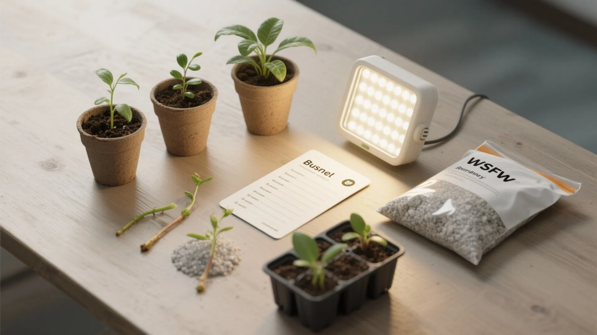 Small green plants in pots with grow light and bag of soil on wooden table