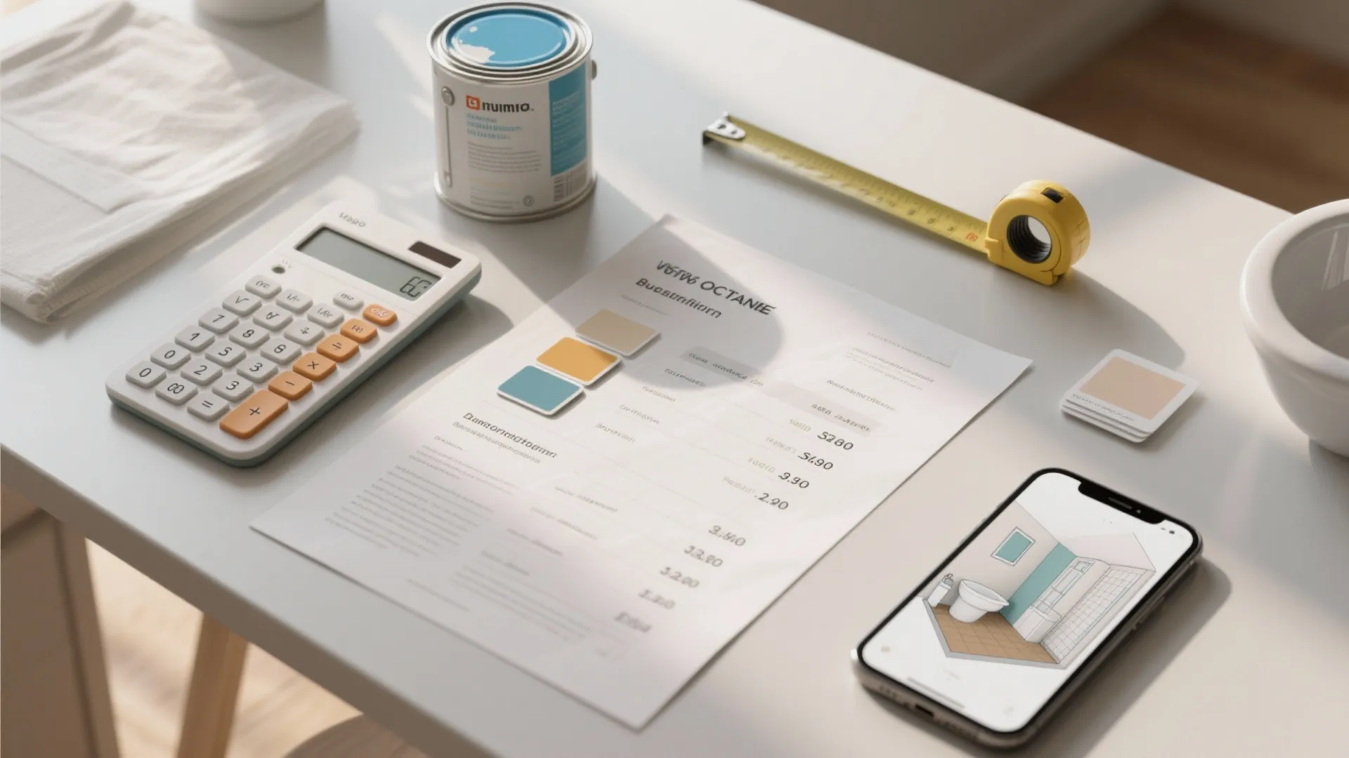Table with paint can calculator tape measure phone and budget plan for home interior renovation